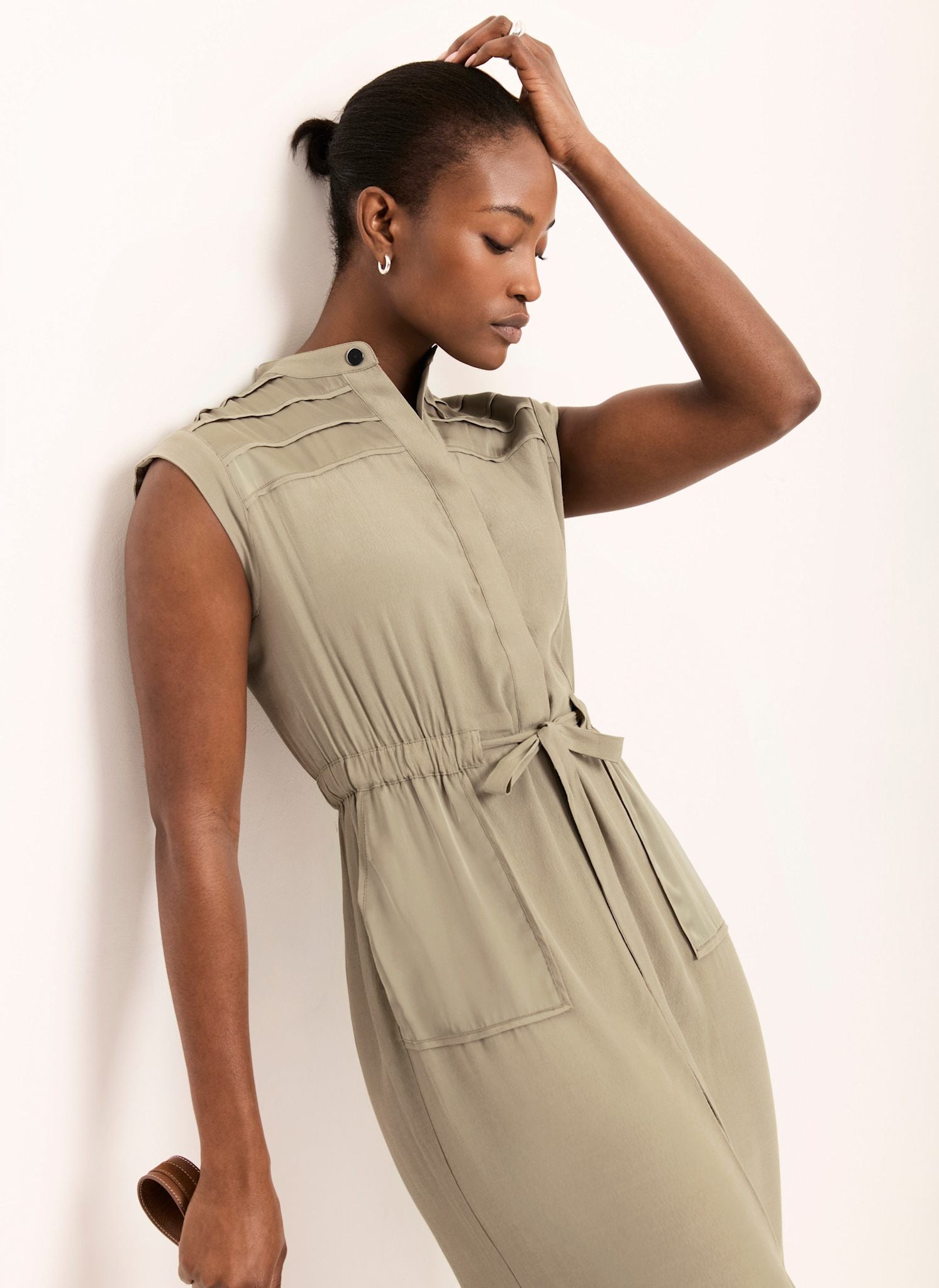 Khaki Satin Utility Midi Dress – Mint Velvet