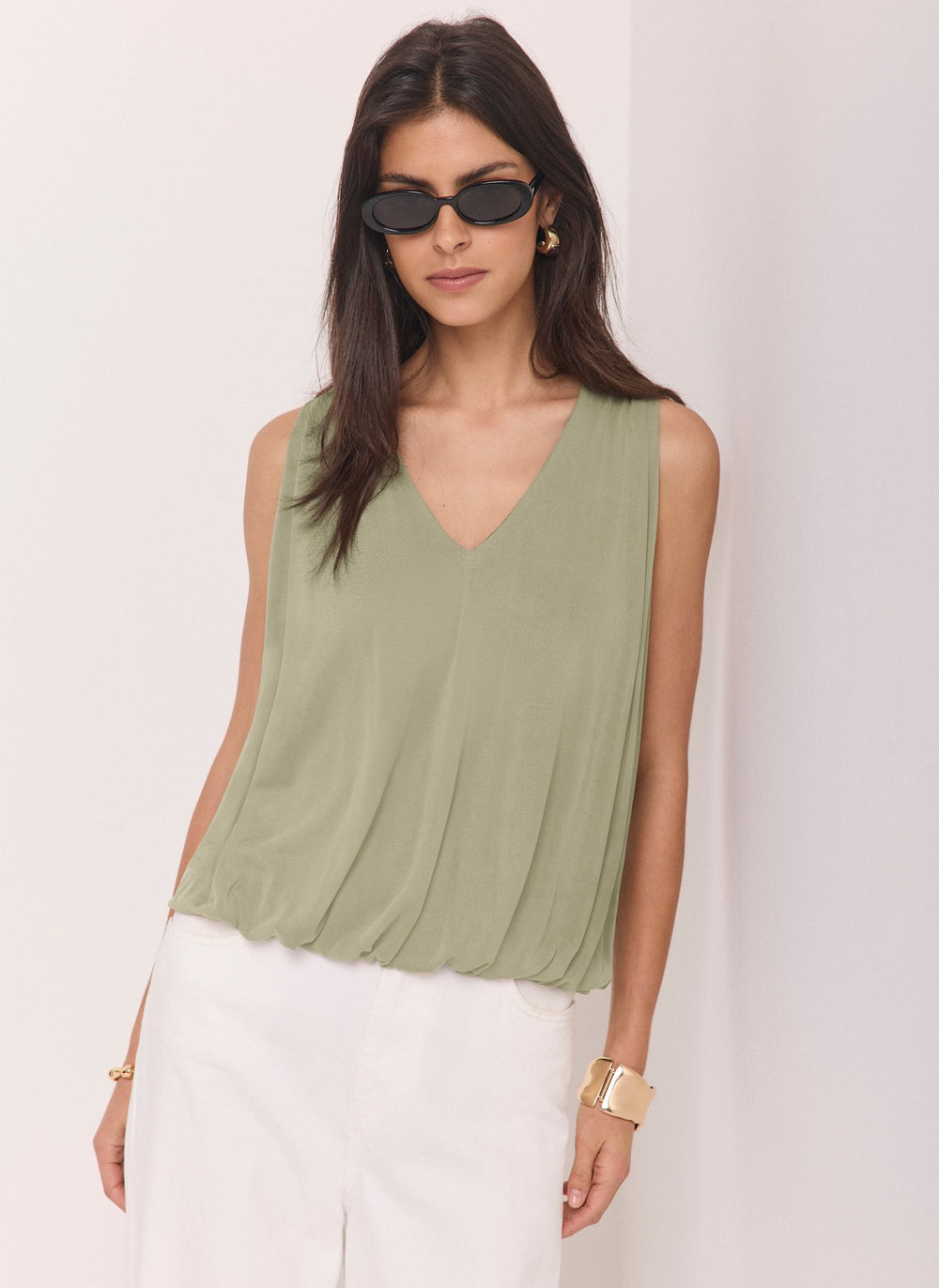 Khaki V Neck Bubble Hem Top