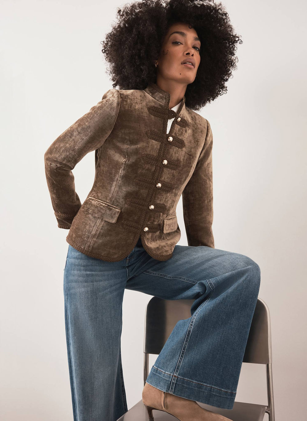 Khaki Velvet Mandarin Collar Jacket