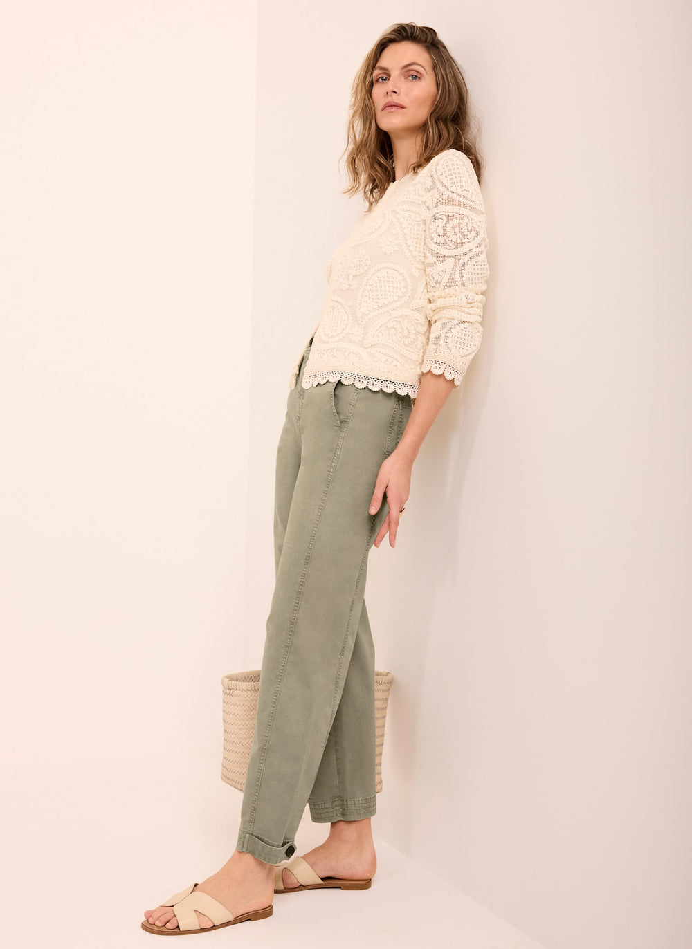 Khaki Washed Barrel Leg Chino Trousers