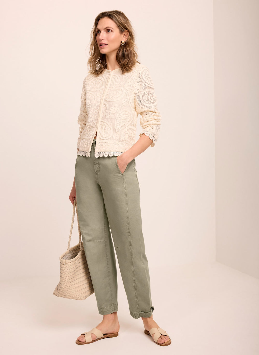 Khaki Washed Barrel Leg Chino Trousers