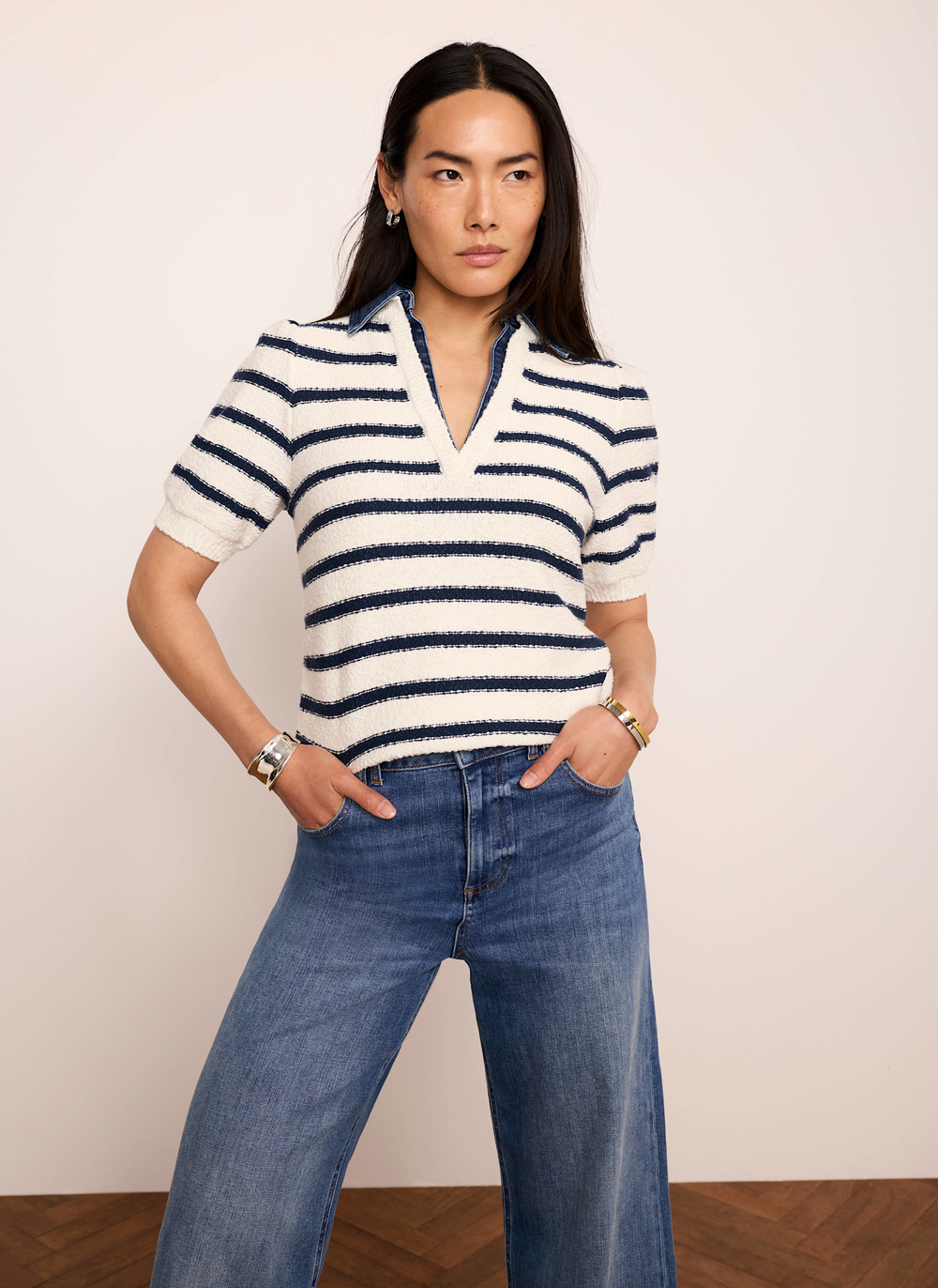 Cream Striped Knit Denim Detail Top