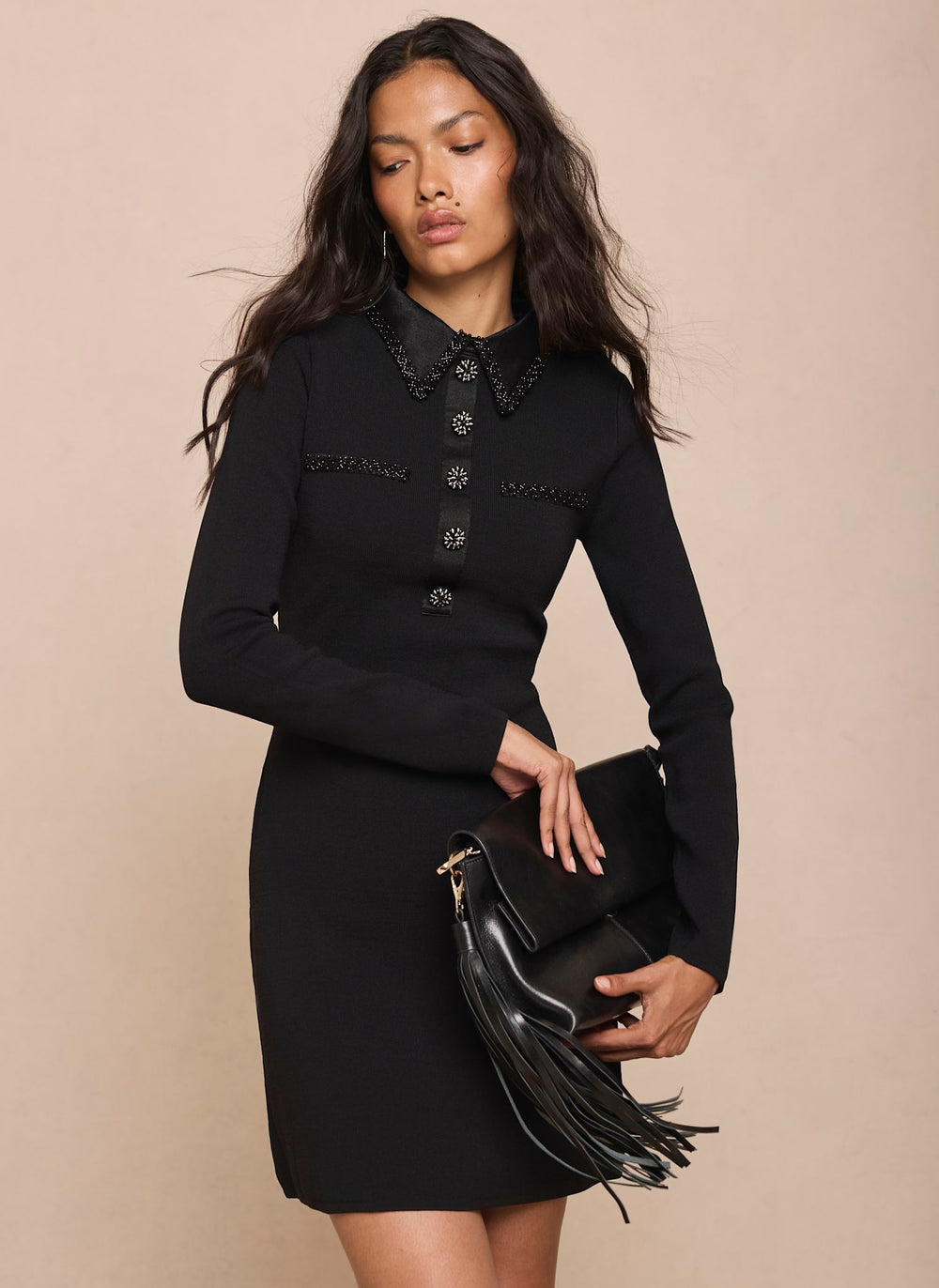 Black Embellished Trim Knit Mini Dress