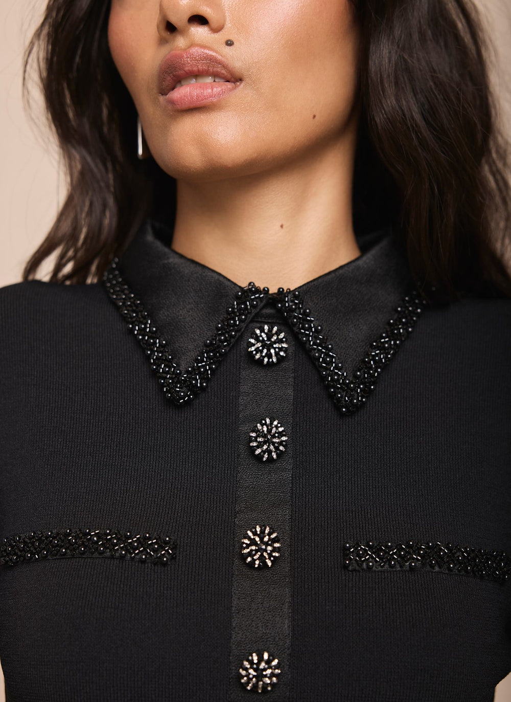 Black Embellished Trim Knit Mini Dress