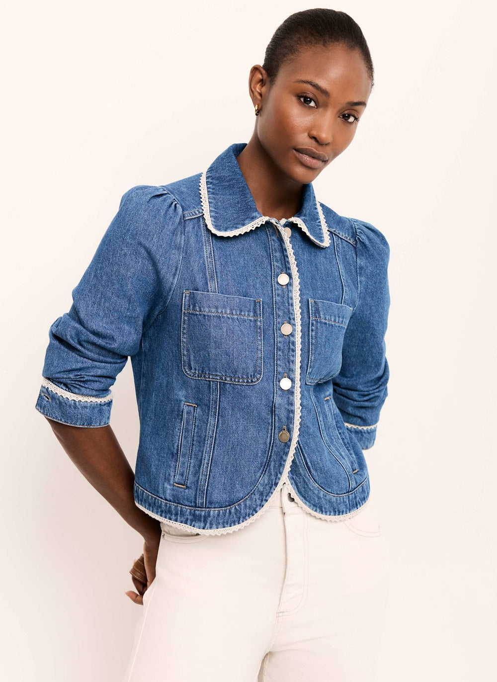 Mid Indigo Crochet Trim Denim Jacket
