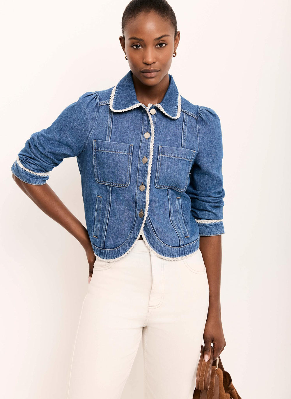 Mid Indigo Crochet Trim Denim Jacket