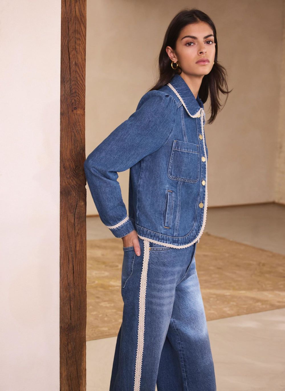 Mid Indigo Crochet Trim Denim Jacket