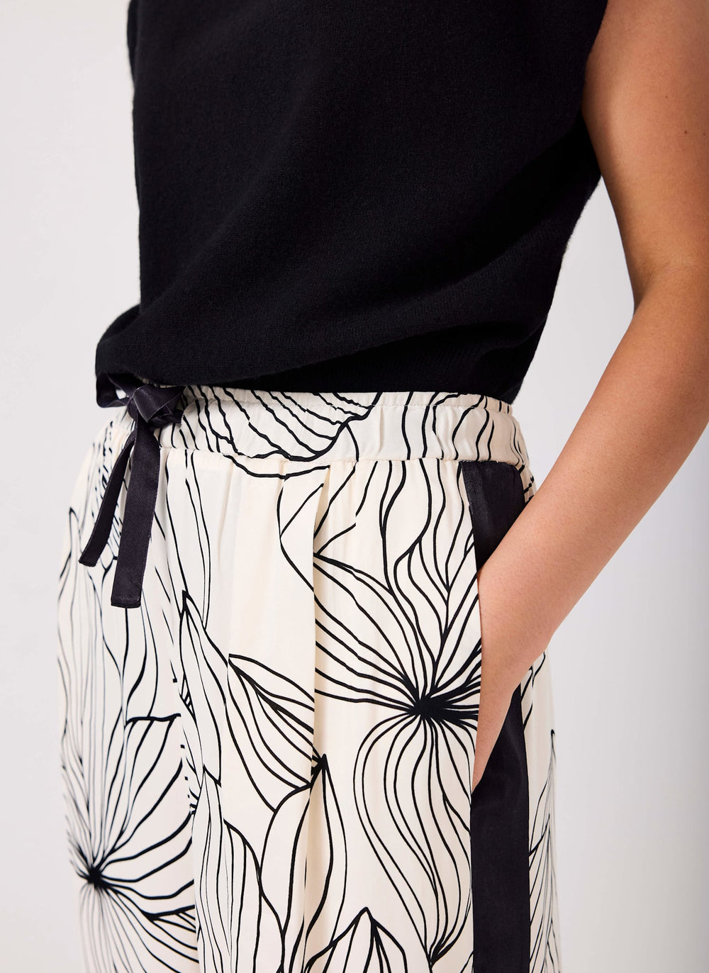 Cream Floral Print Wide Satin Trousers