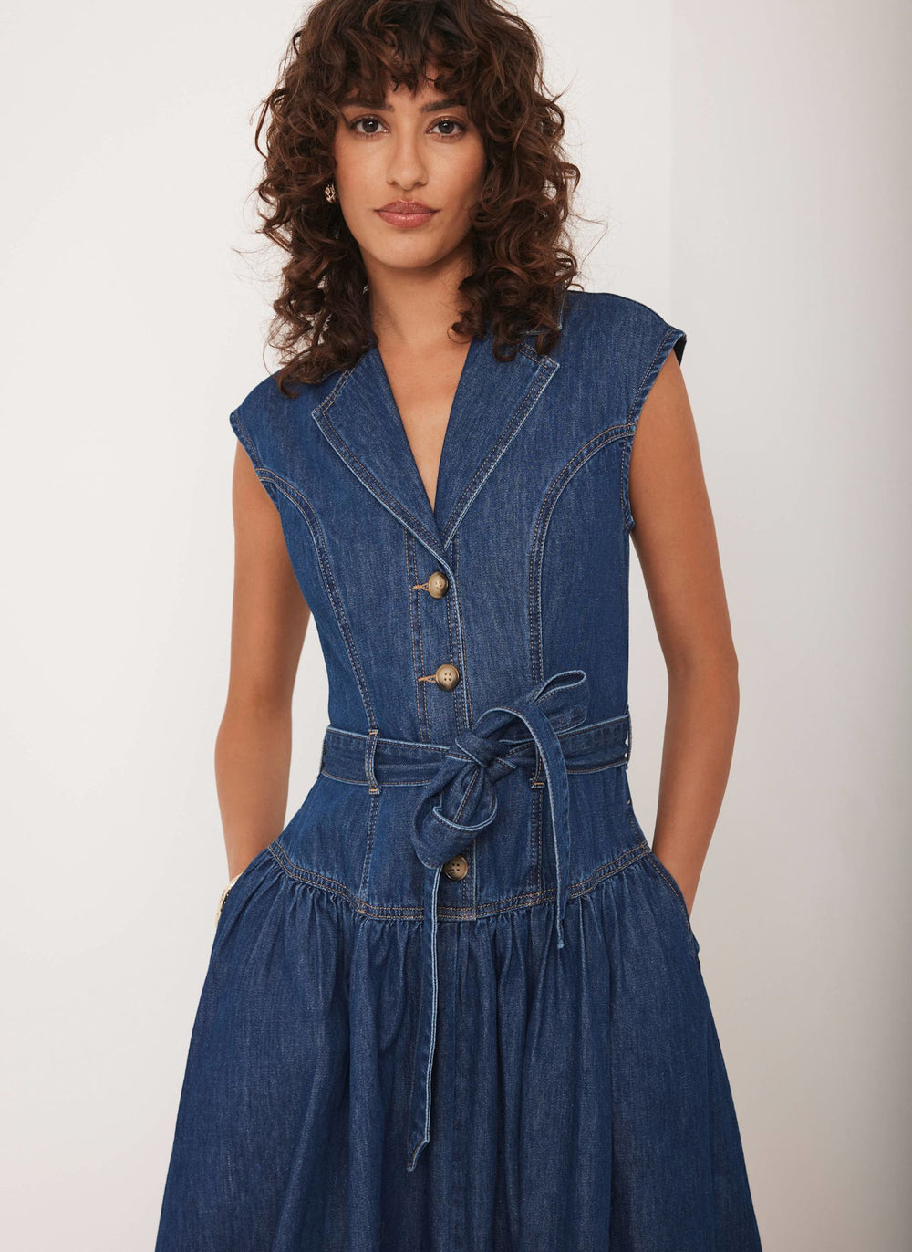 Dark Indigo Drop Waist Collared Denim Dress