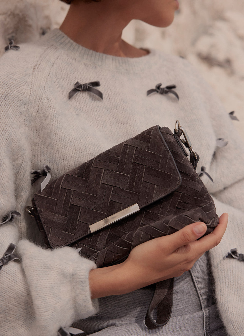 Lara Grey Woven Suede Cross Body Bag