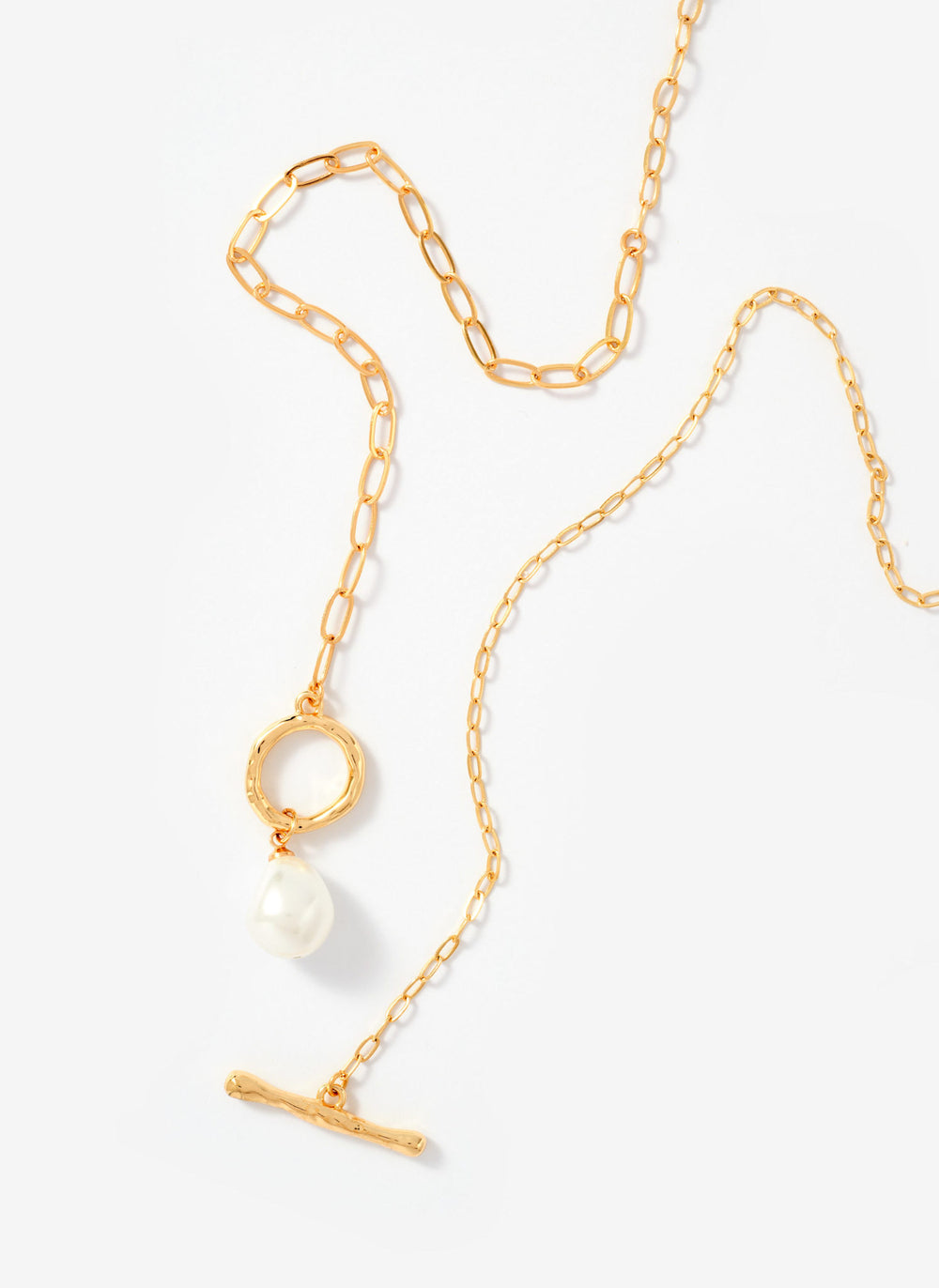 Gold Tone Pearl Lariat Style Necklace
