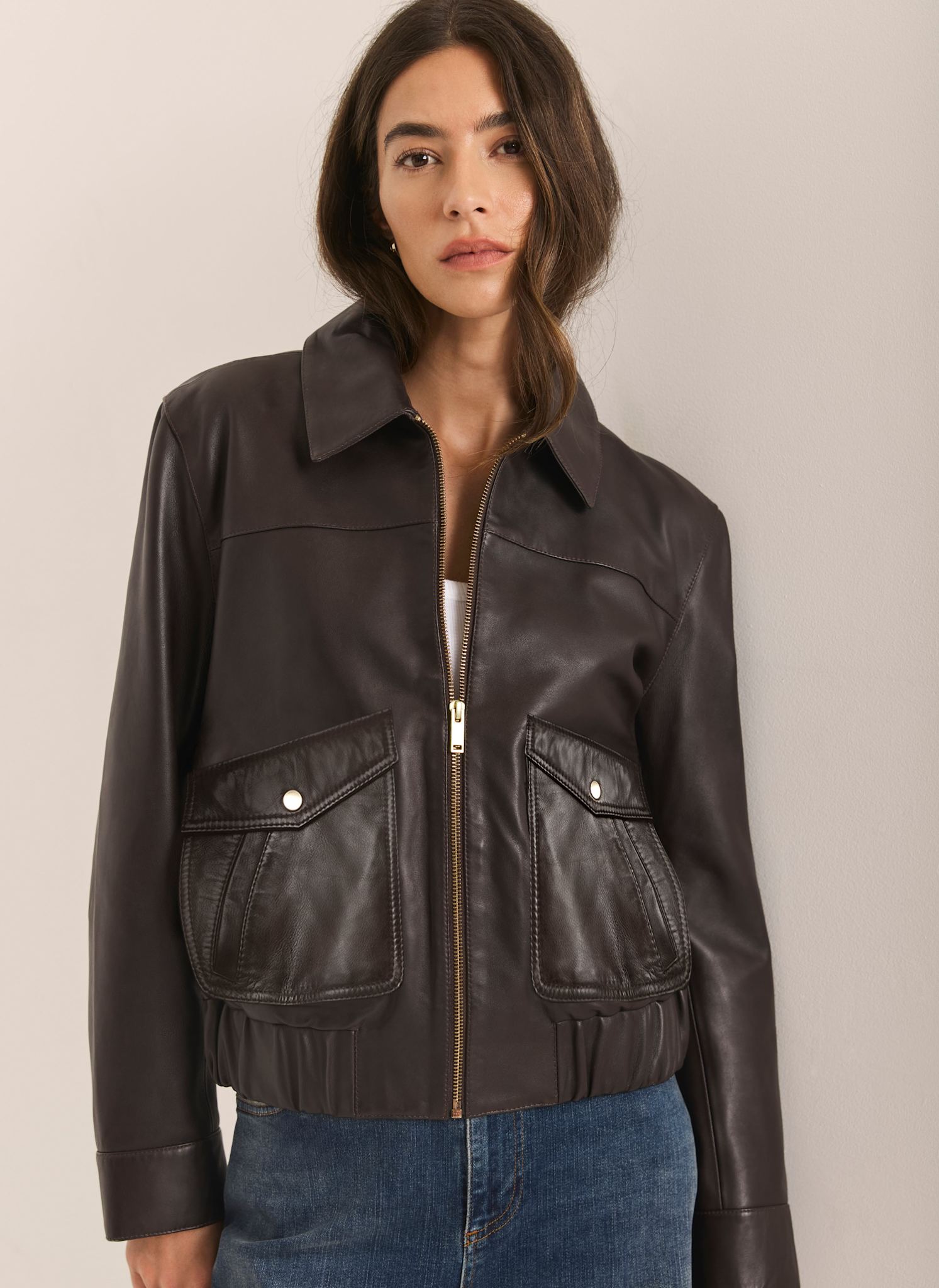 Brown Leather Collared Bomber Jacket – Mint Velvet