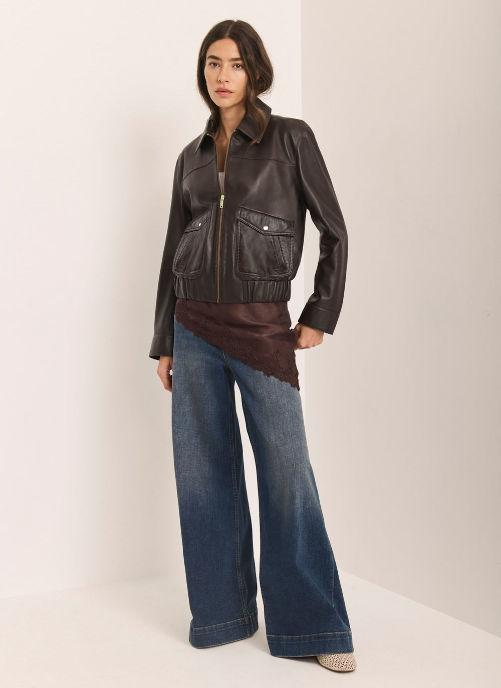 Brown Leather Collared Bomber Jacket
