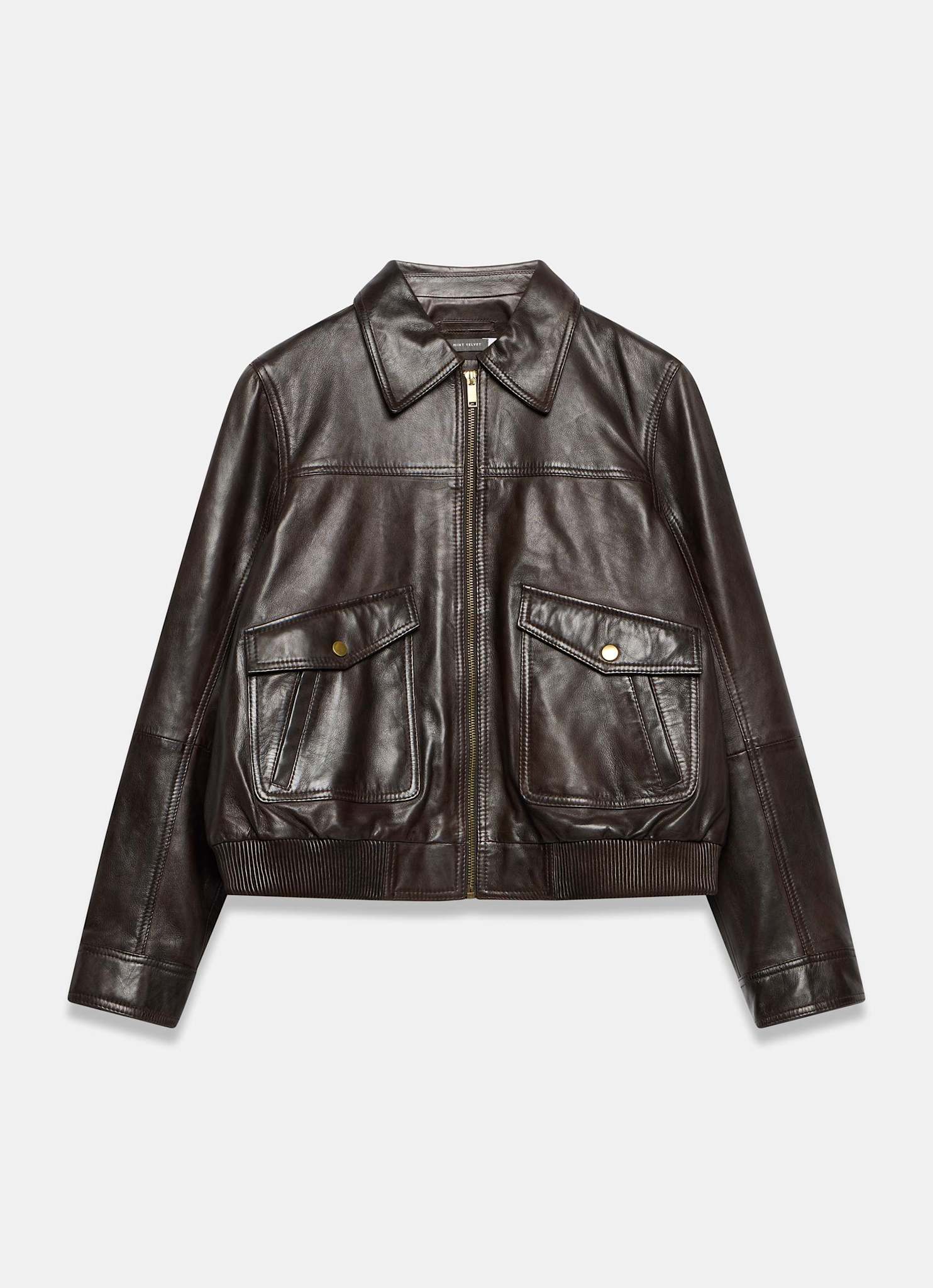 Brown Leather Collared Bomber Jacket – Mint Velvet