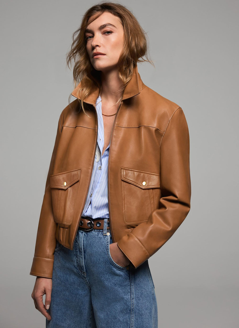 Tan Leather Collared Bomber Jacket