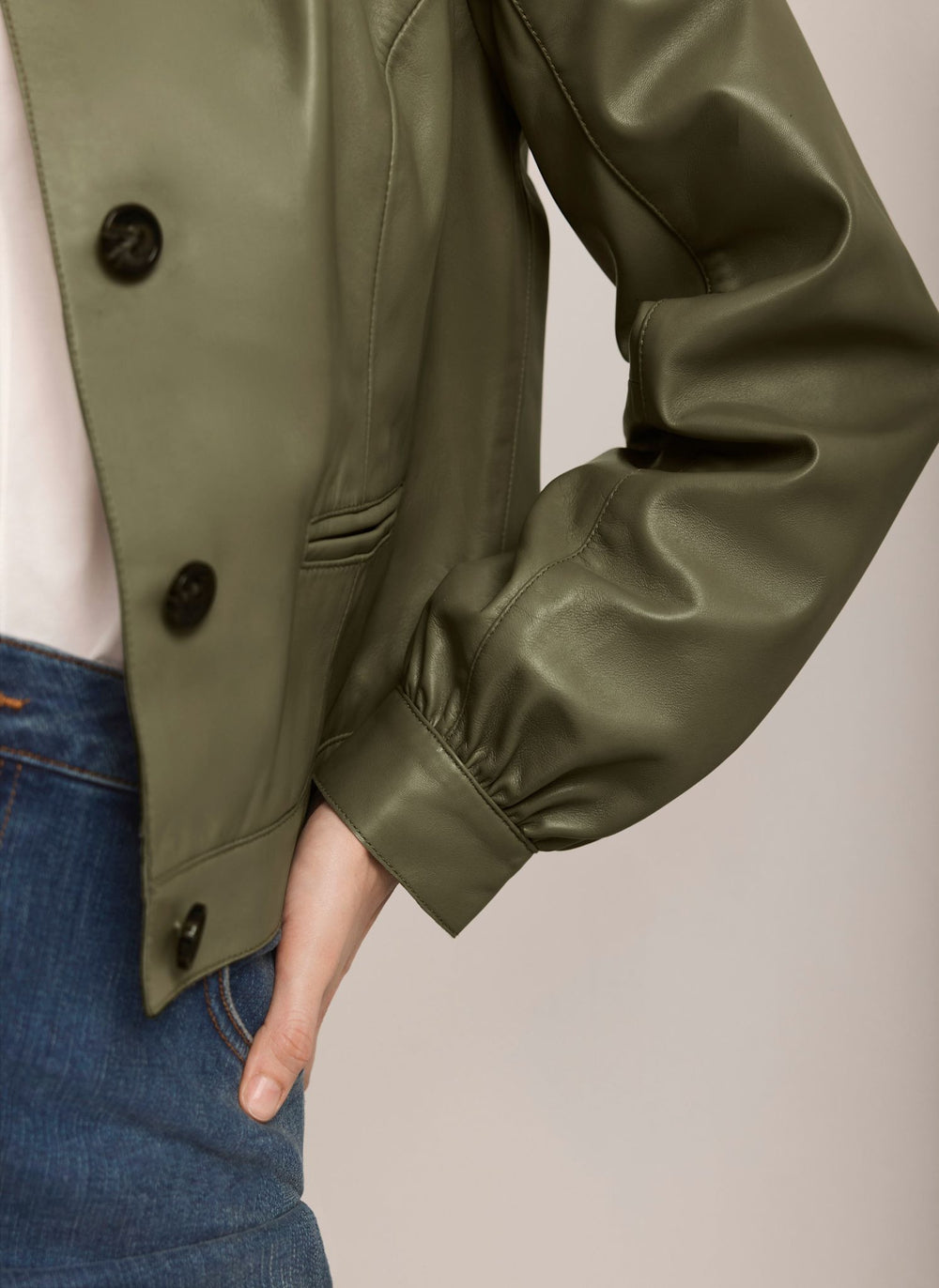Green Leather Puff Sleeve Jacket
