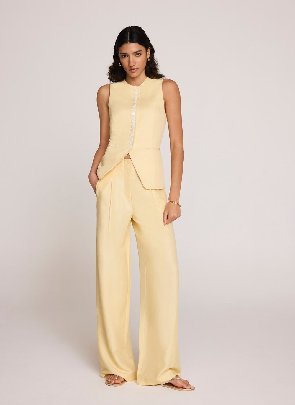 Yellow Linen Blend Pleated Wide Leg Trousers