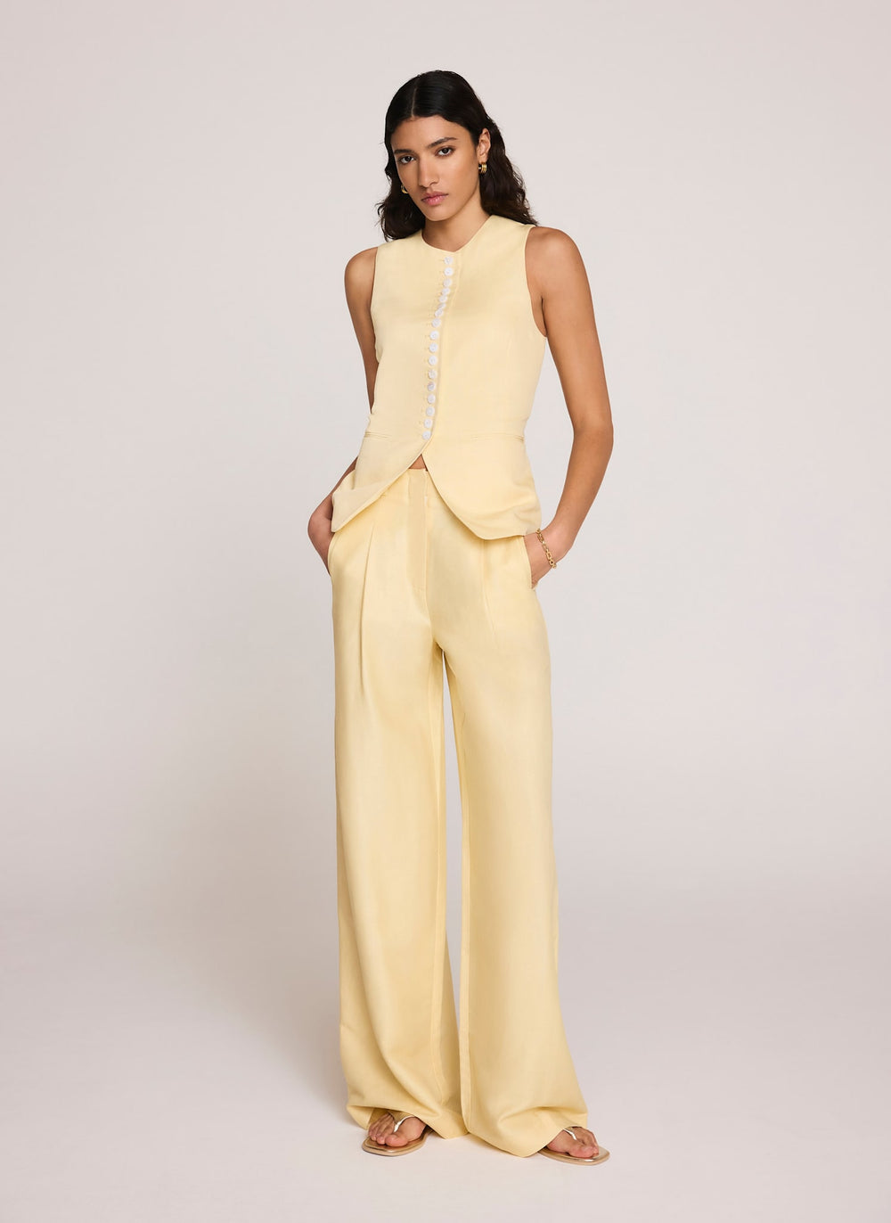 Yellow Linen Blend Pleated Wide Leg Trousers