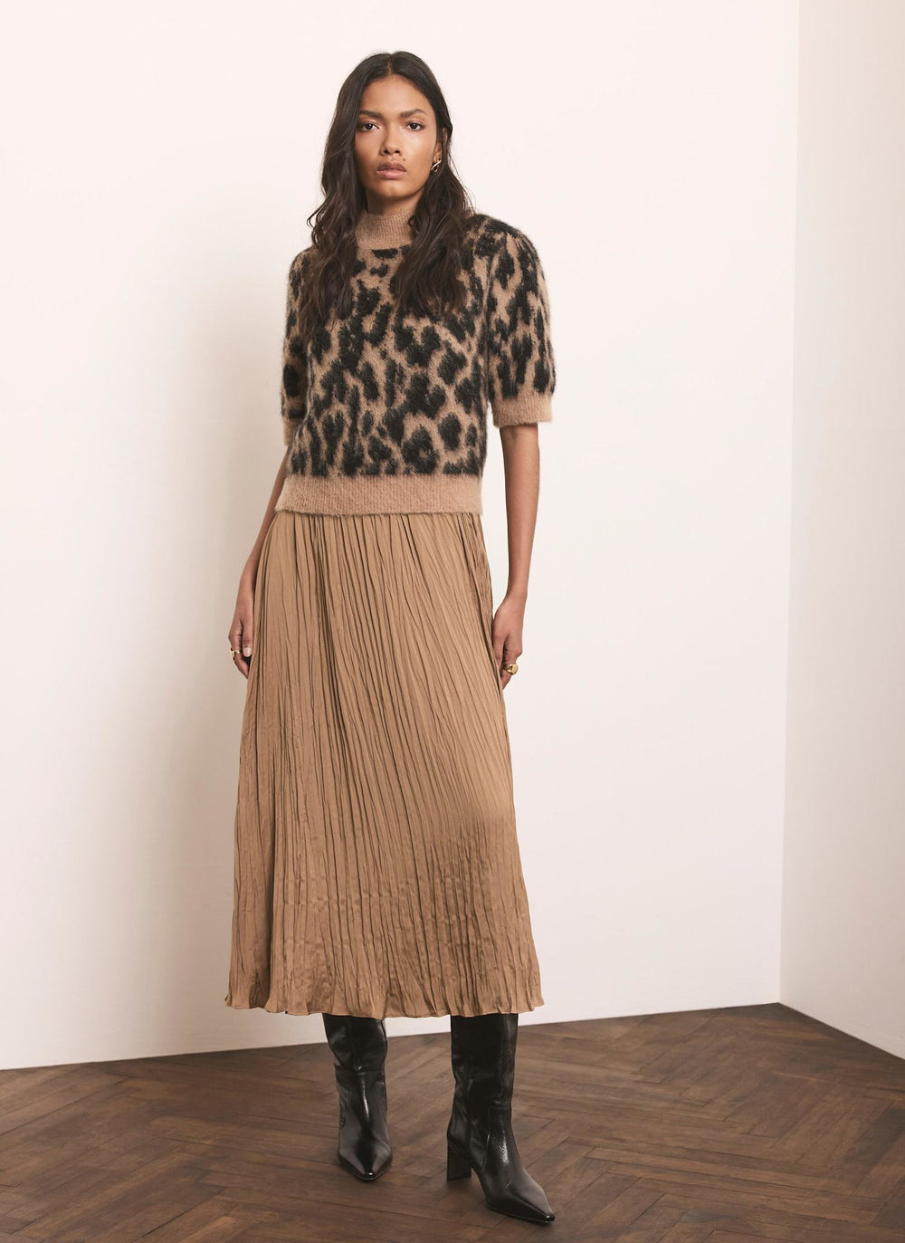 Brown Leopard Print 2-in-1 Midi Dress