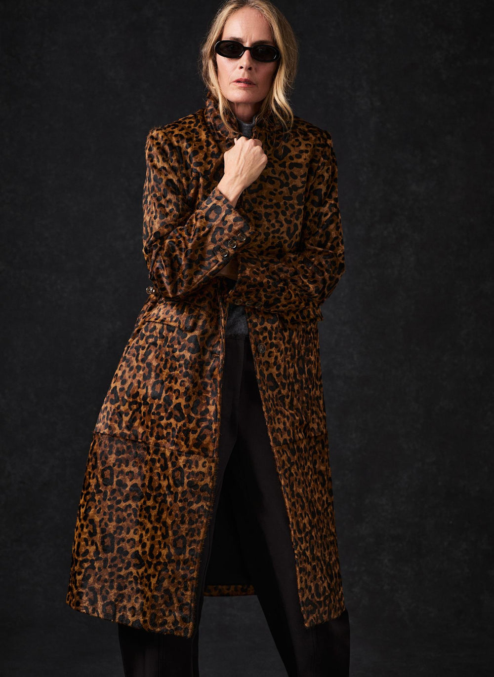 Leopard Print Textured Leather Longline Jacket