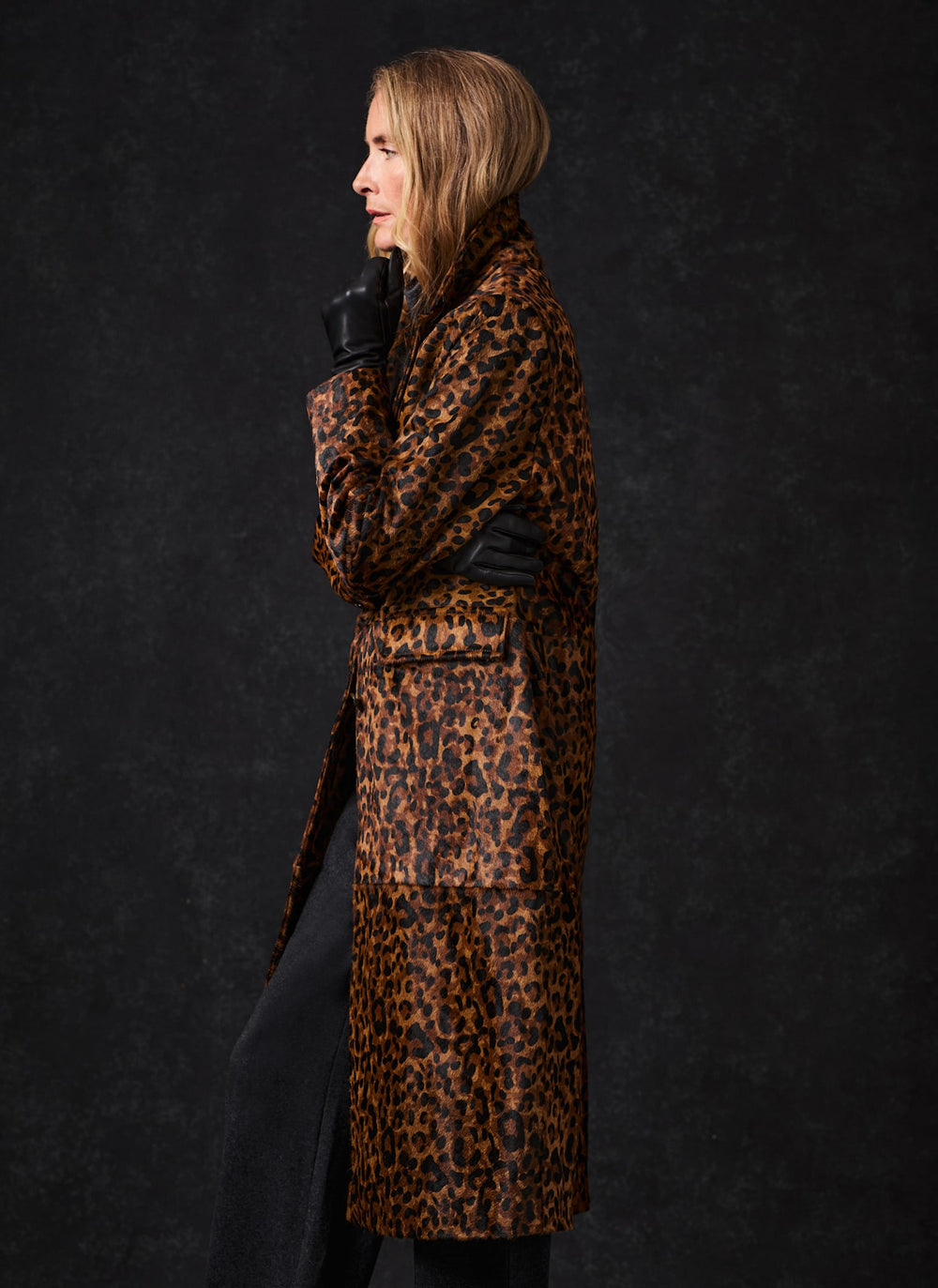 Leopard Print Textured Leather Longline Jacket