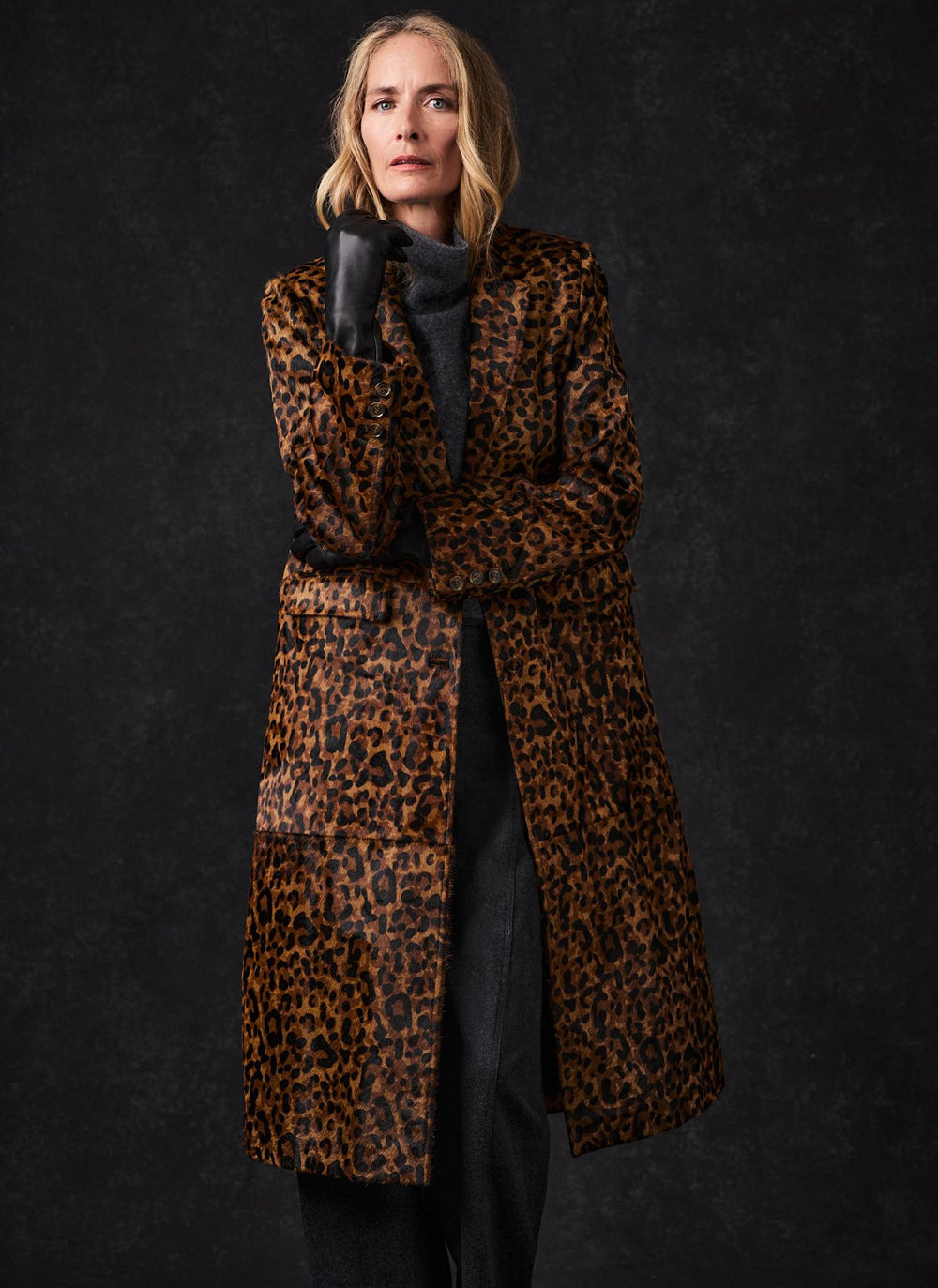Leopard Print Textured Leather Longline Jacket