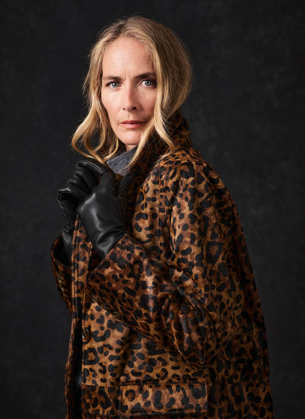 Leopard Print Textured Leather Longline Jacket