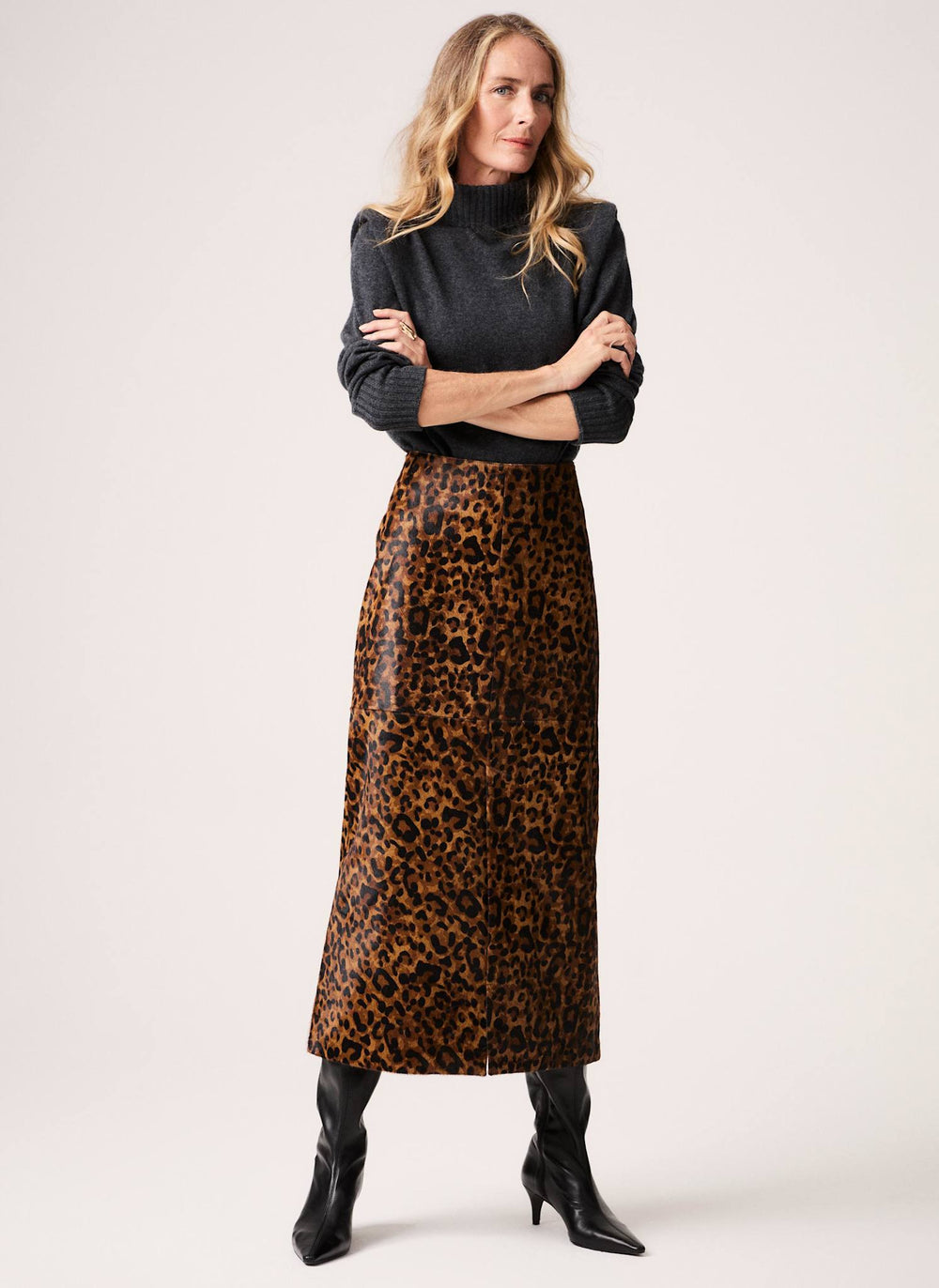Leopard Print Textured Leather Pencil Maxi Skirt
