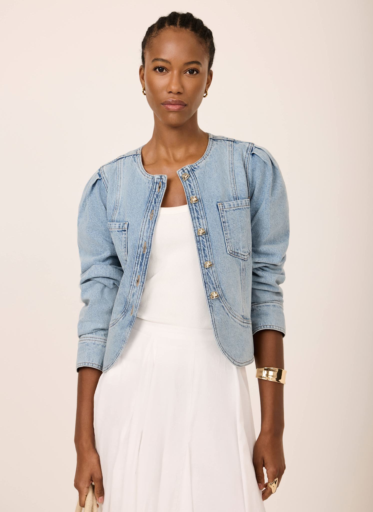 Light Indigo Collarless Denim Jacket – Mint Velvet