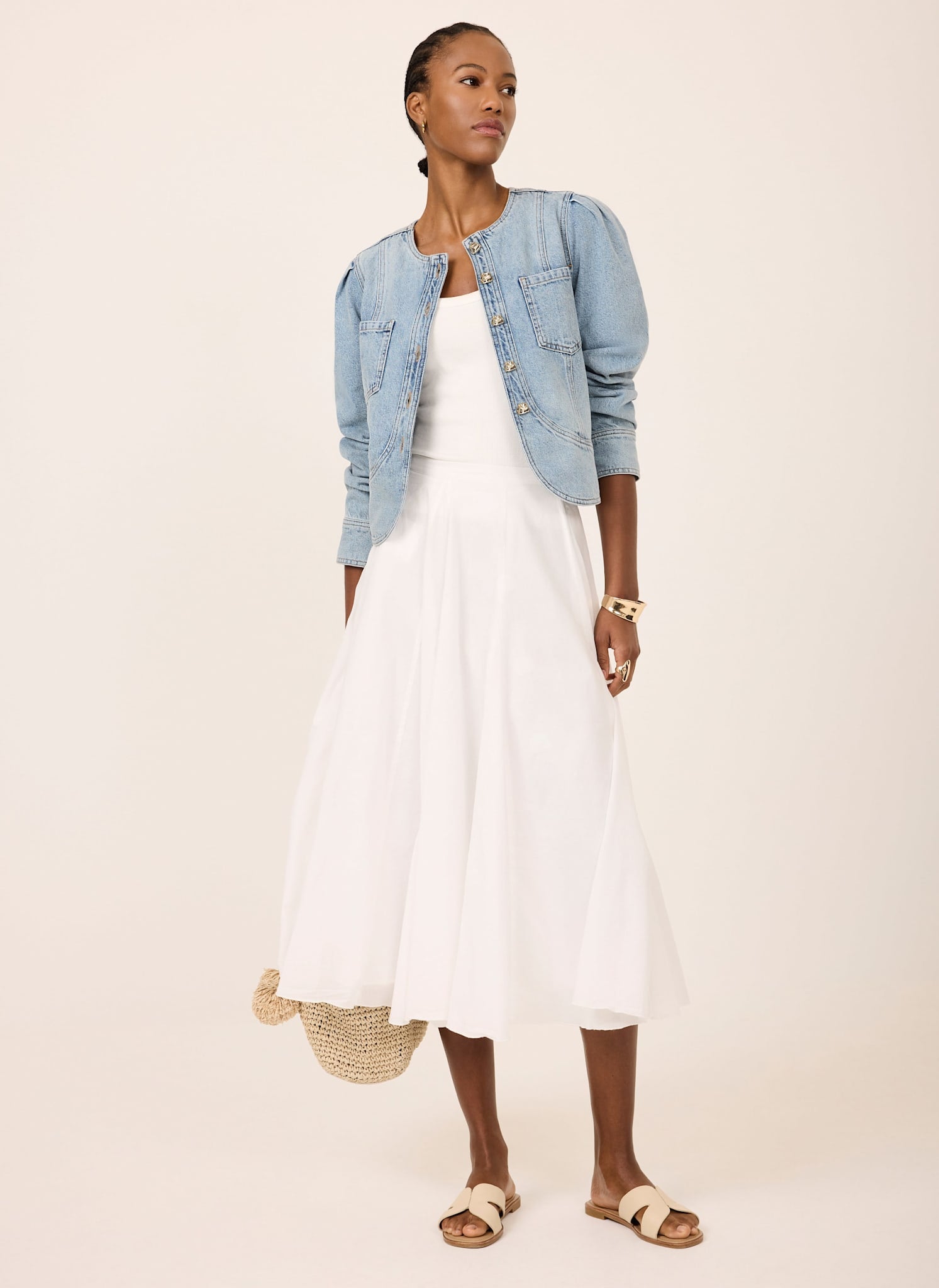 Light Indigo Collarless Denim Jacket – Mint Velvet