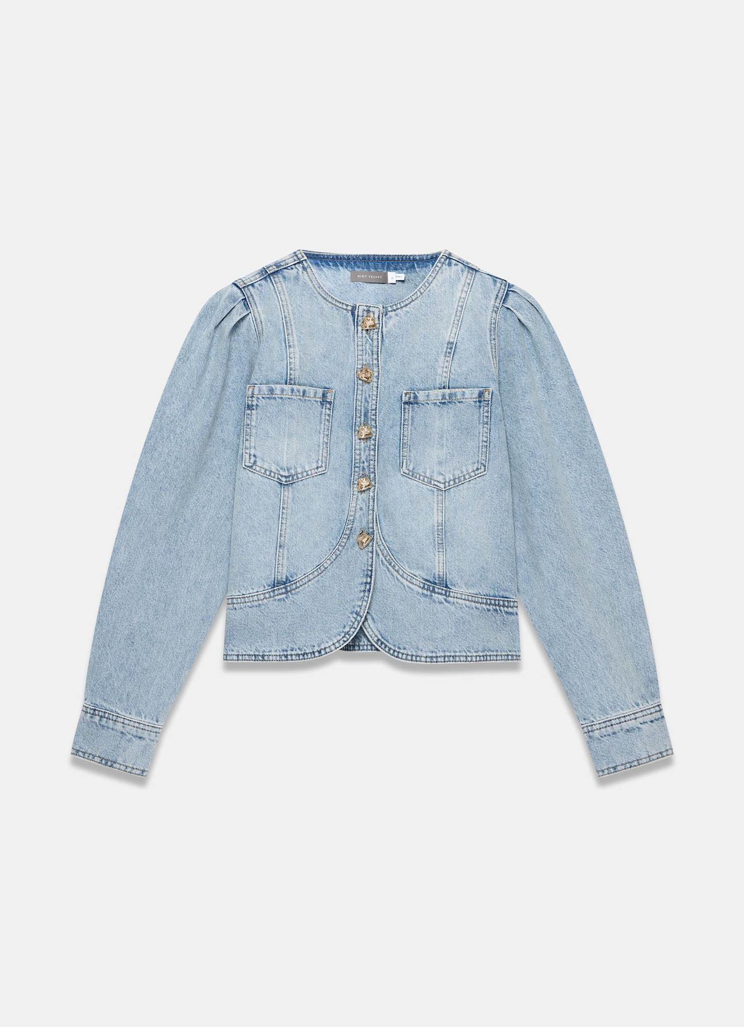 Light Indigo Collarless Denim Jacket – Mint Velvet