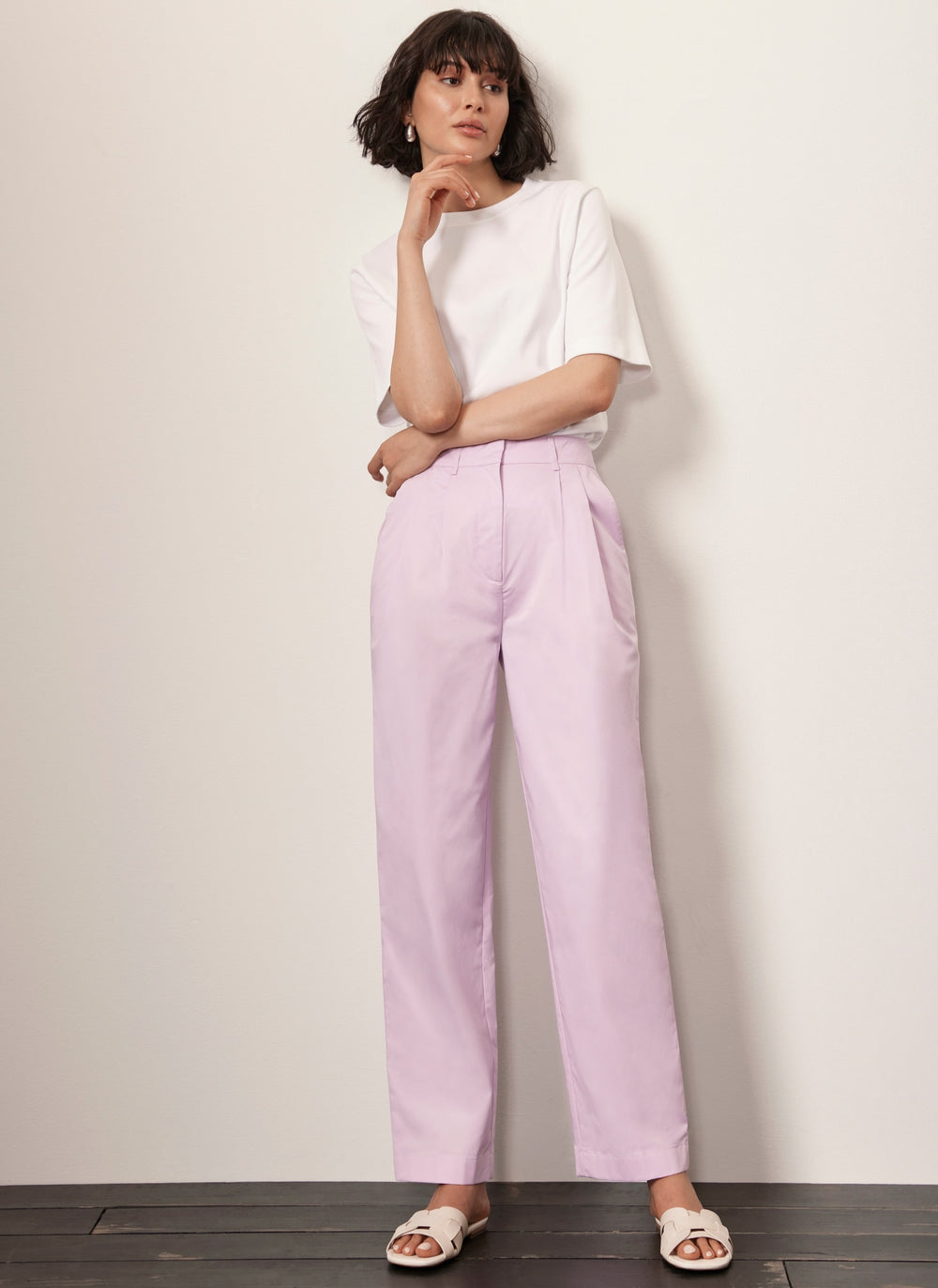 Lilac Cotton Tapered Pleated Trousers