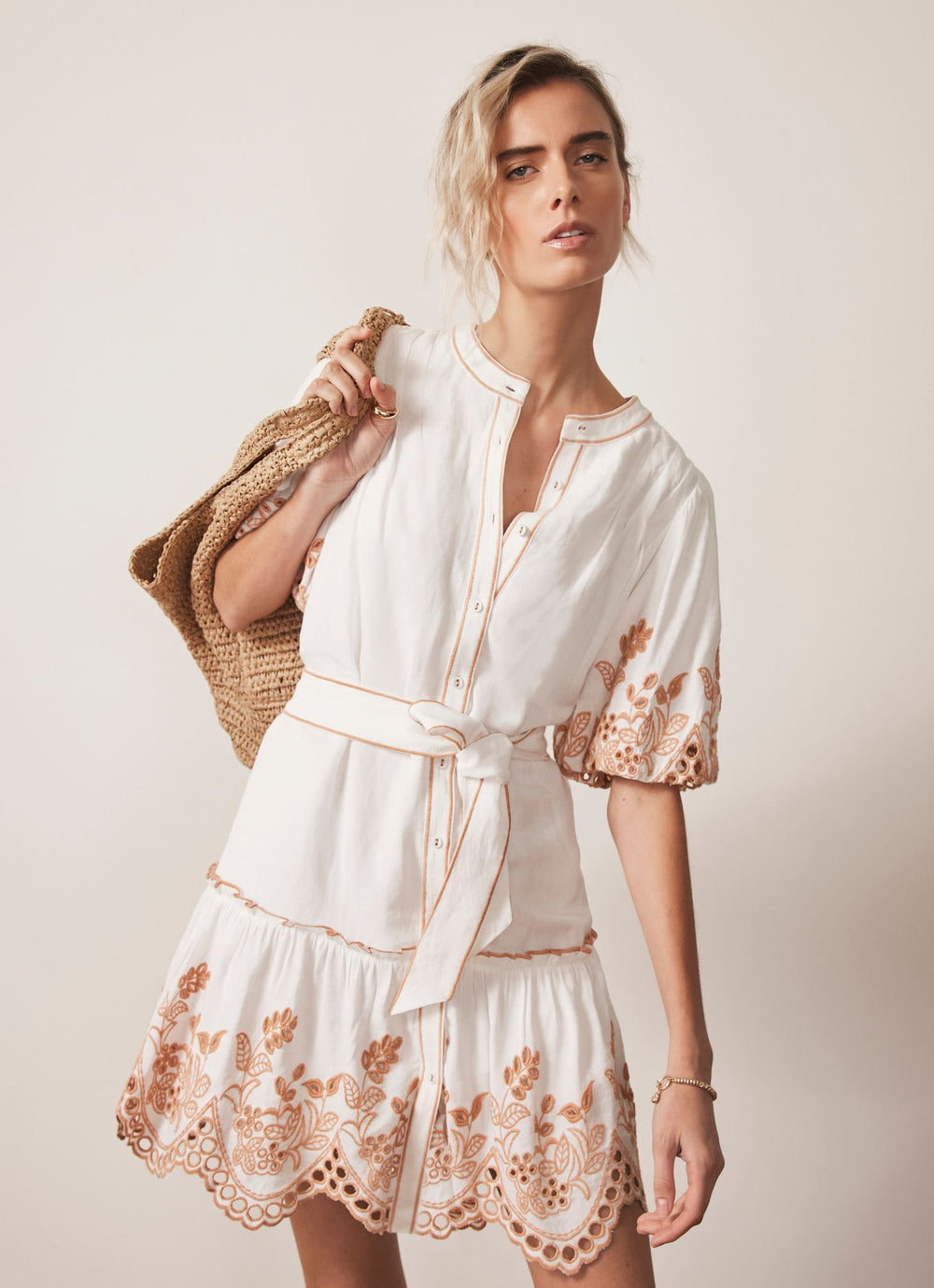 White Linen Blend Broderie Mini Dress