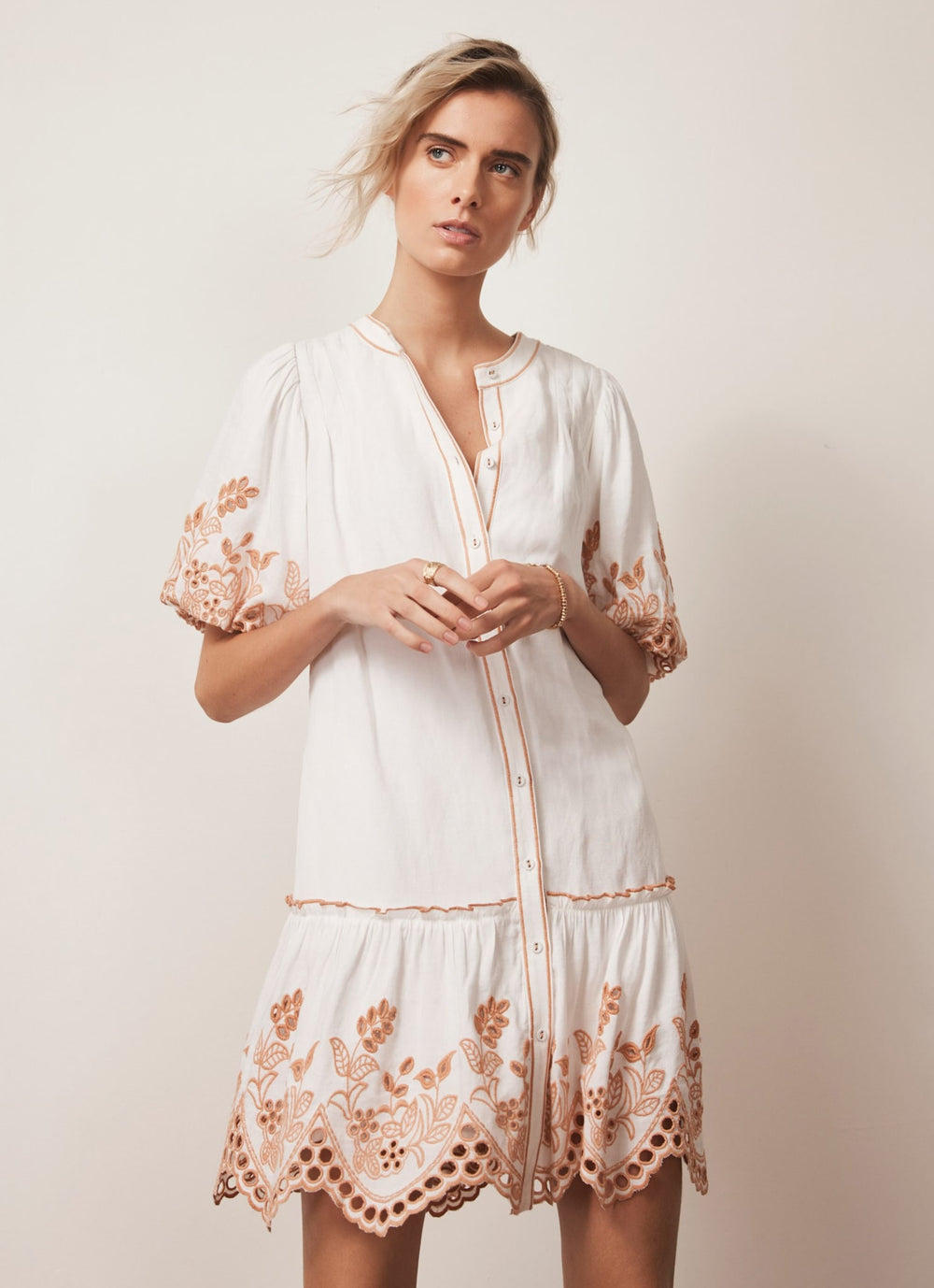 White Linen Blend Broderie Mini Dress