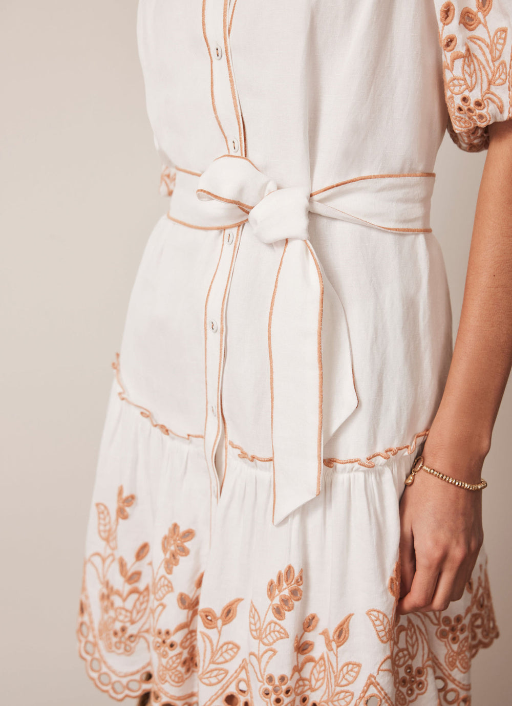 White Linen Blend Broderie Mini Dress