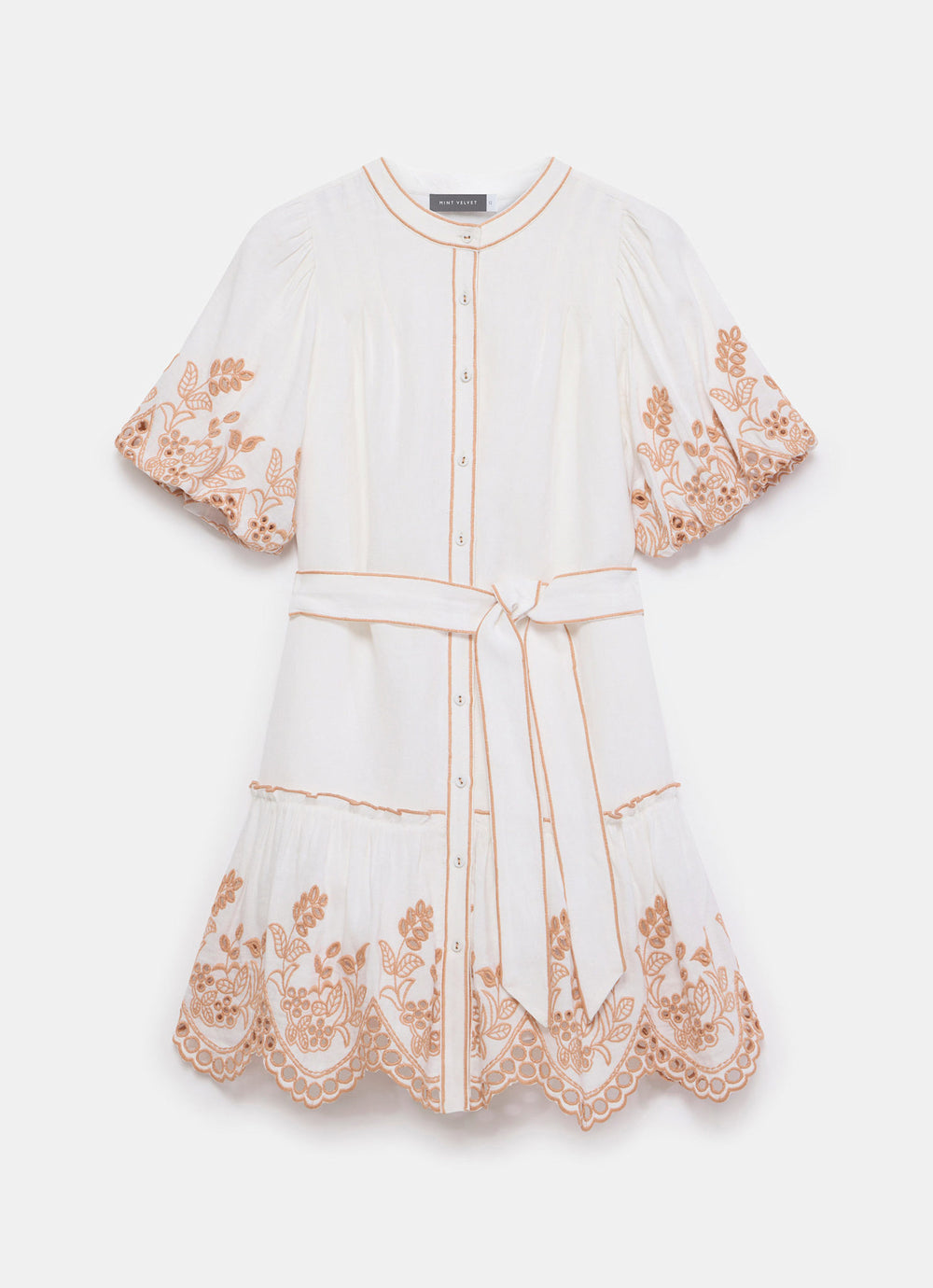 White Linen Blend Broderie Mini Dress – Mint Velvet