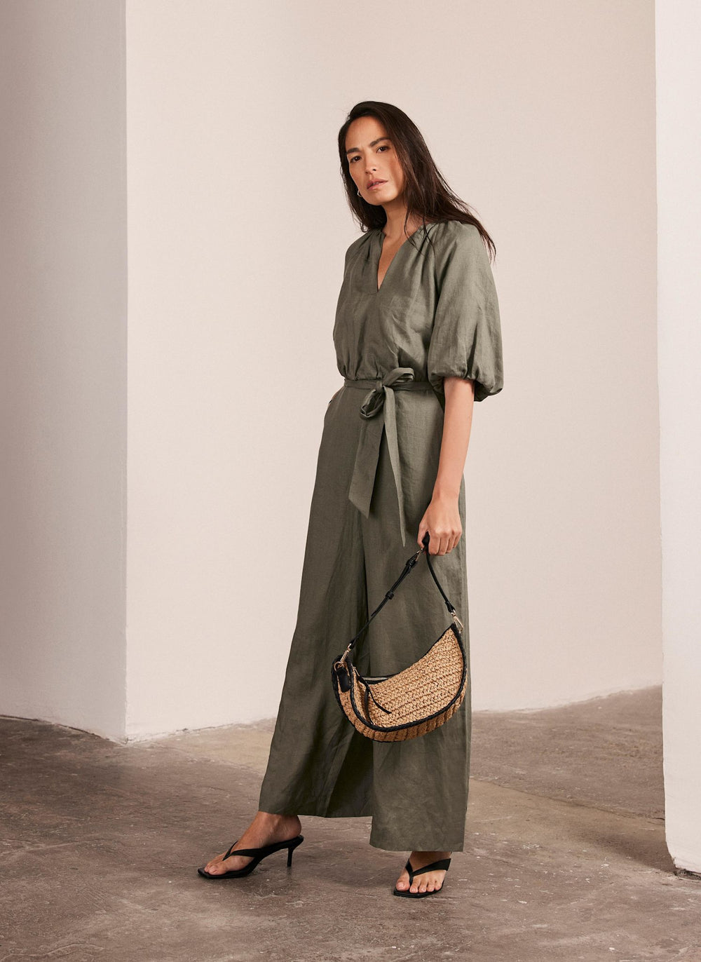 Khaki Linen Puff Sleeve Jumpsuit