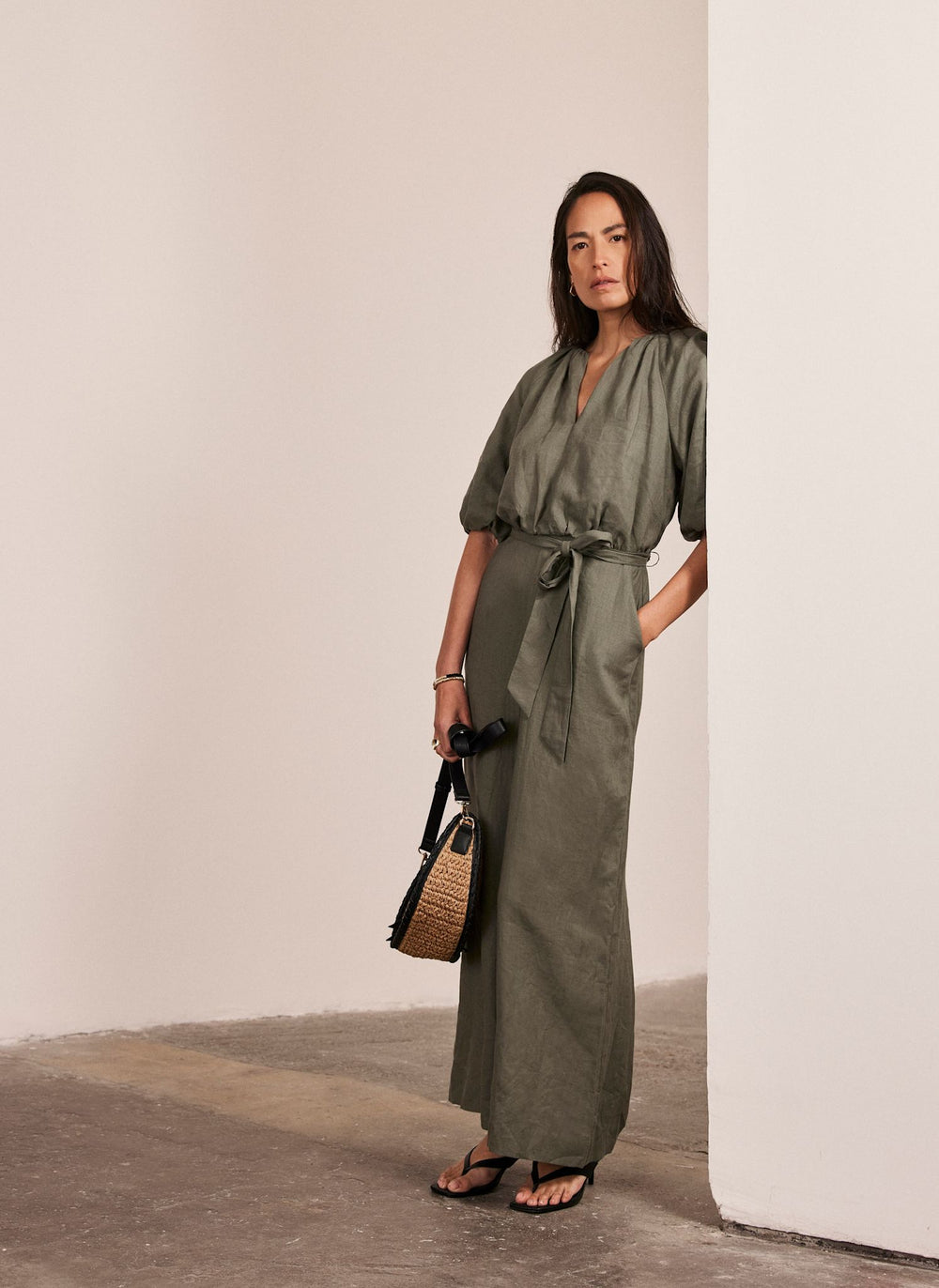 Khaki Linen Puff Sleeve Jumpsuit