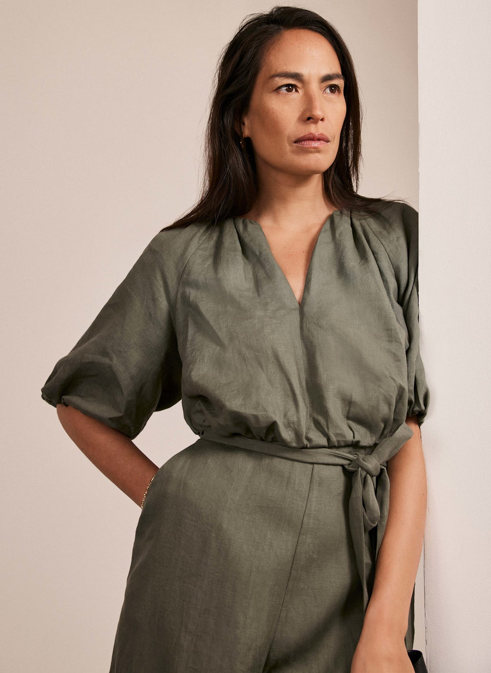 Khaki Linen Puff Sleeve Jumpsuit