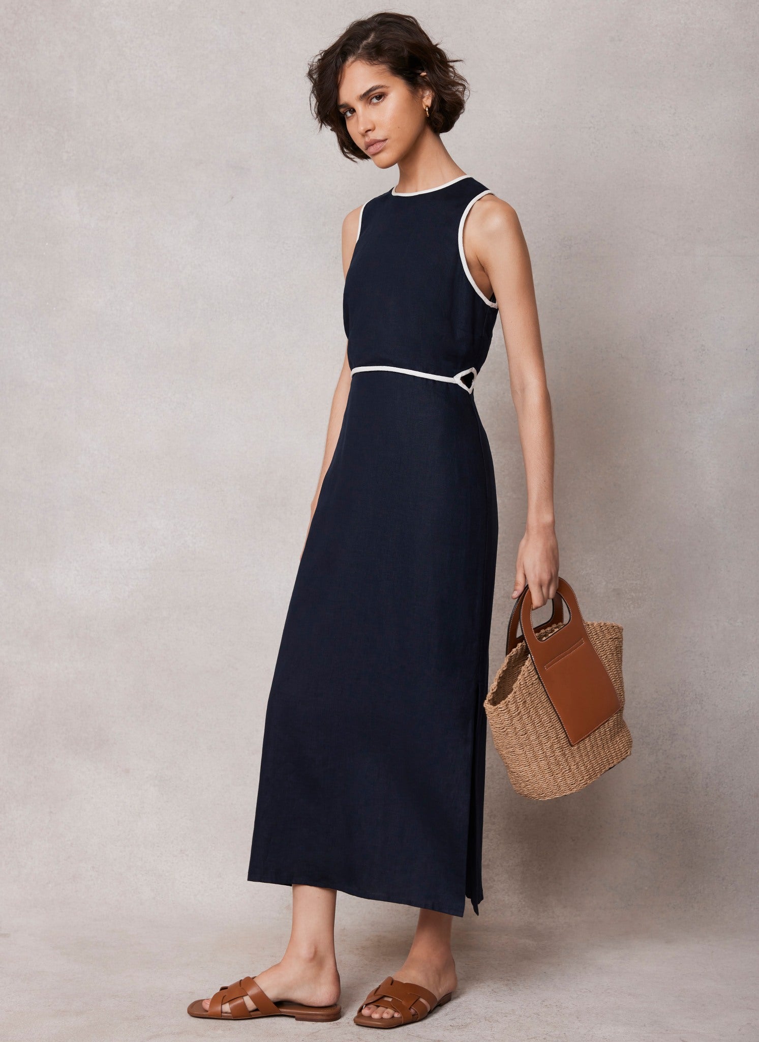 Navy Linen Tipped Column Midi Dress – Mint Velvet