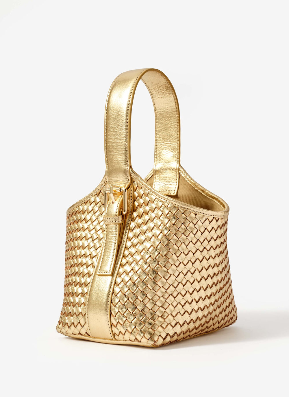 Lola Gold Leather Woven Bucket Bag
