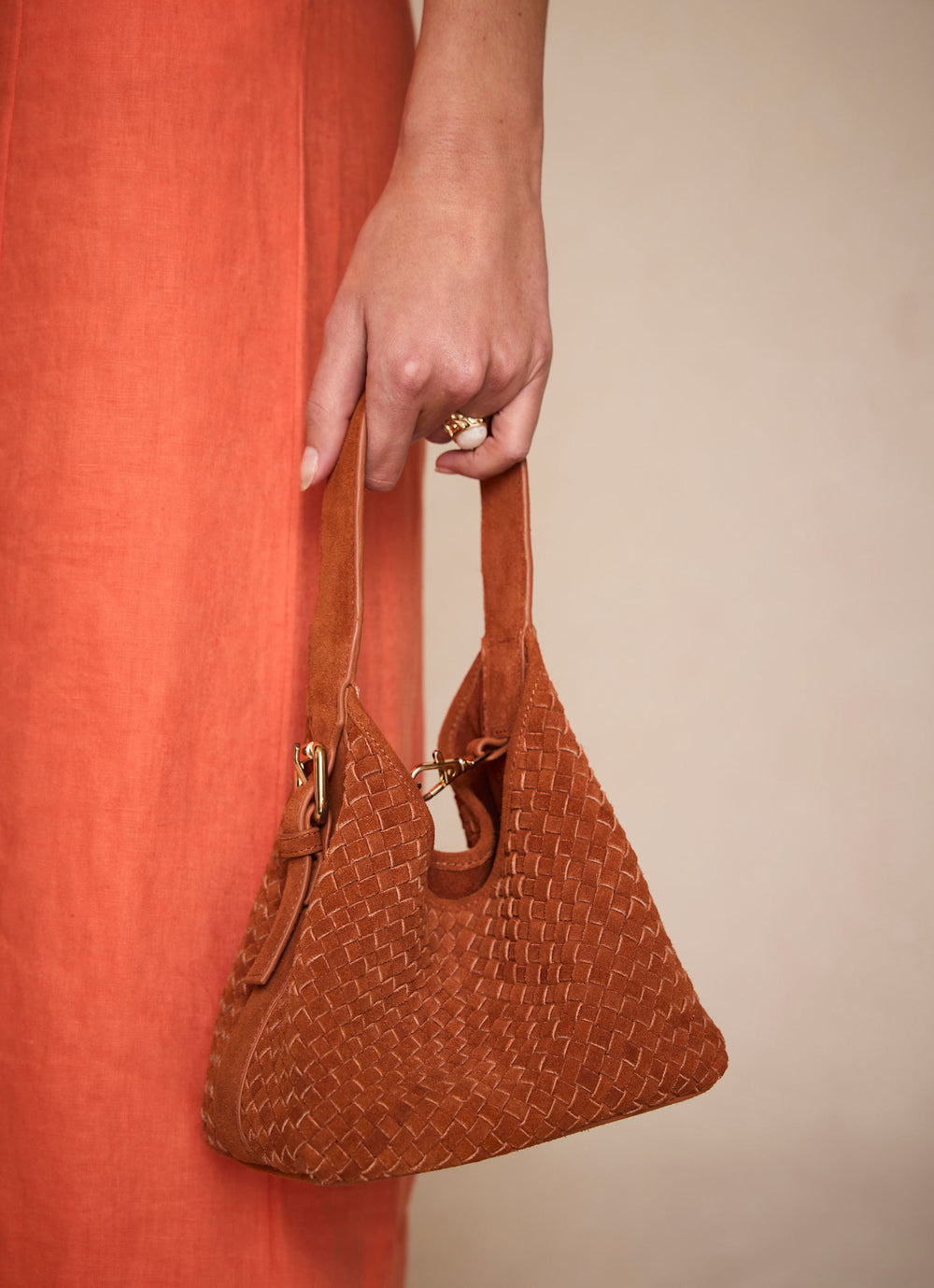 Lola Orange Suede Woven Bucket Bag