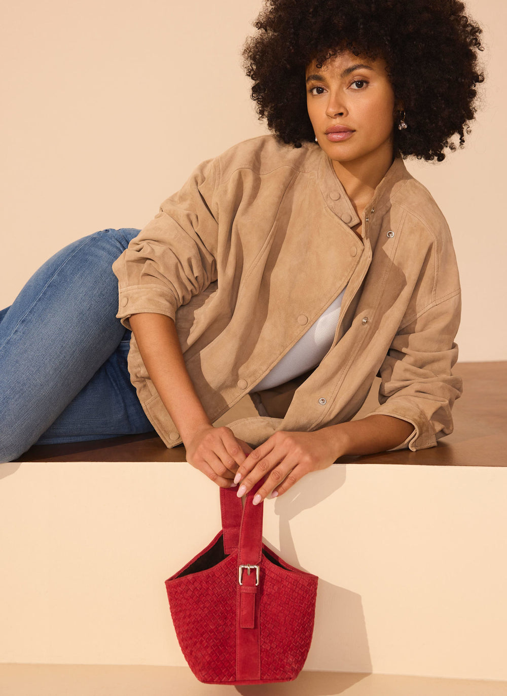 Lola Red Suede Woven Bucket Bag