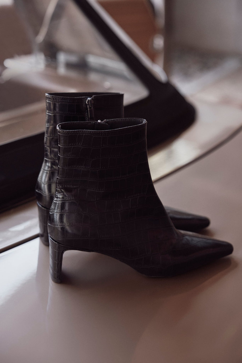 Macy Brown Leather Croc Effect Ankle Boots