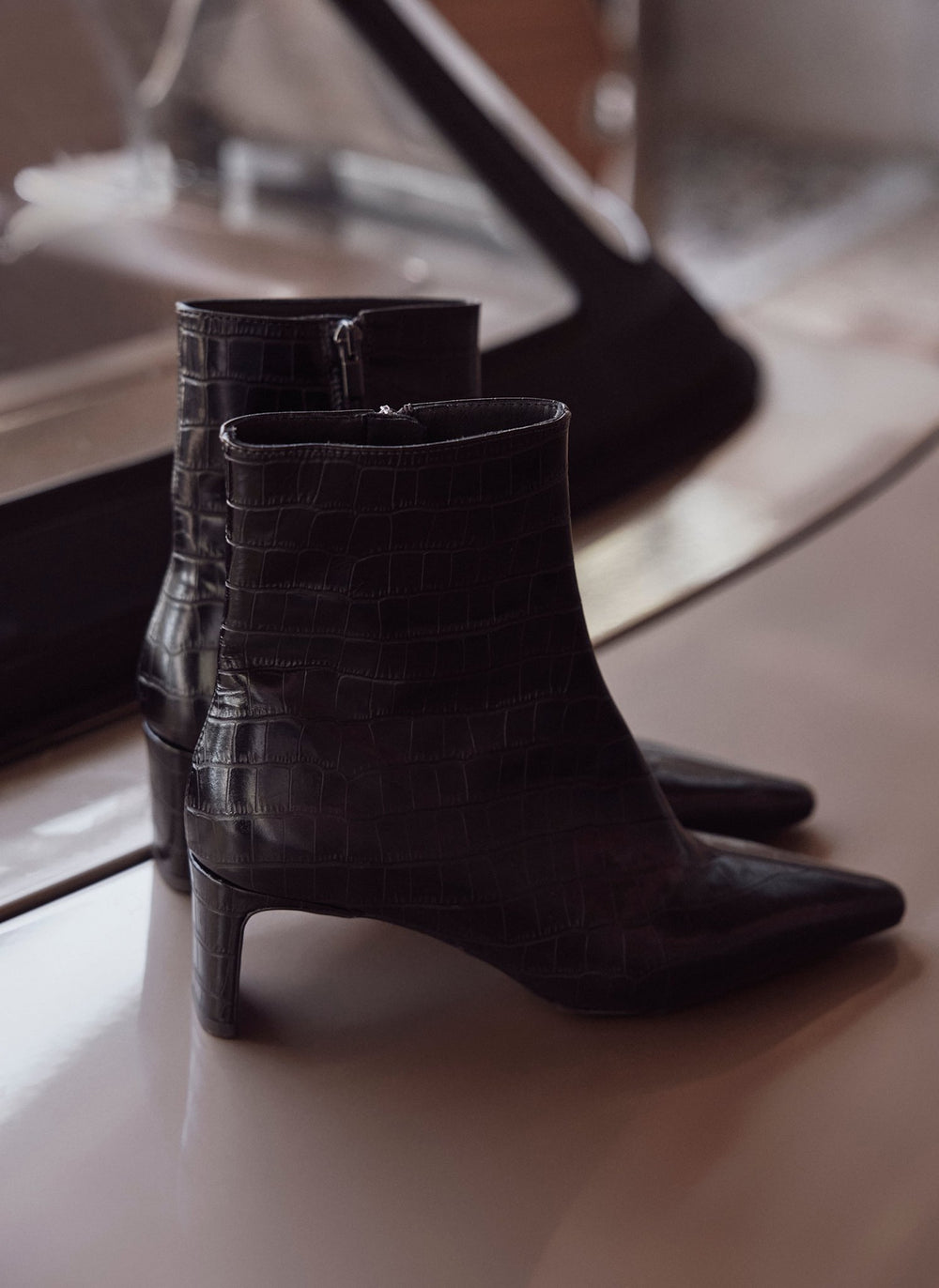 Macy Brown Leather Croc Effect Ankle Boots