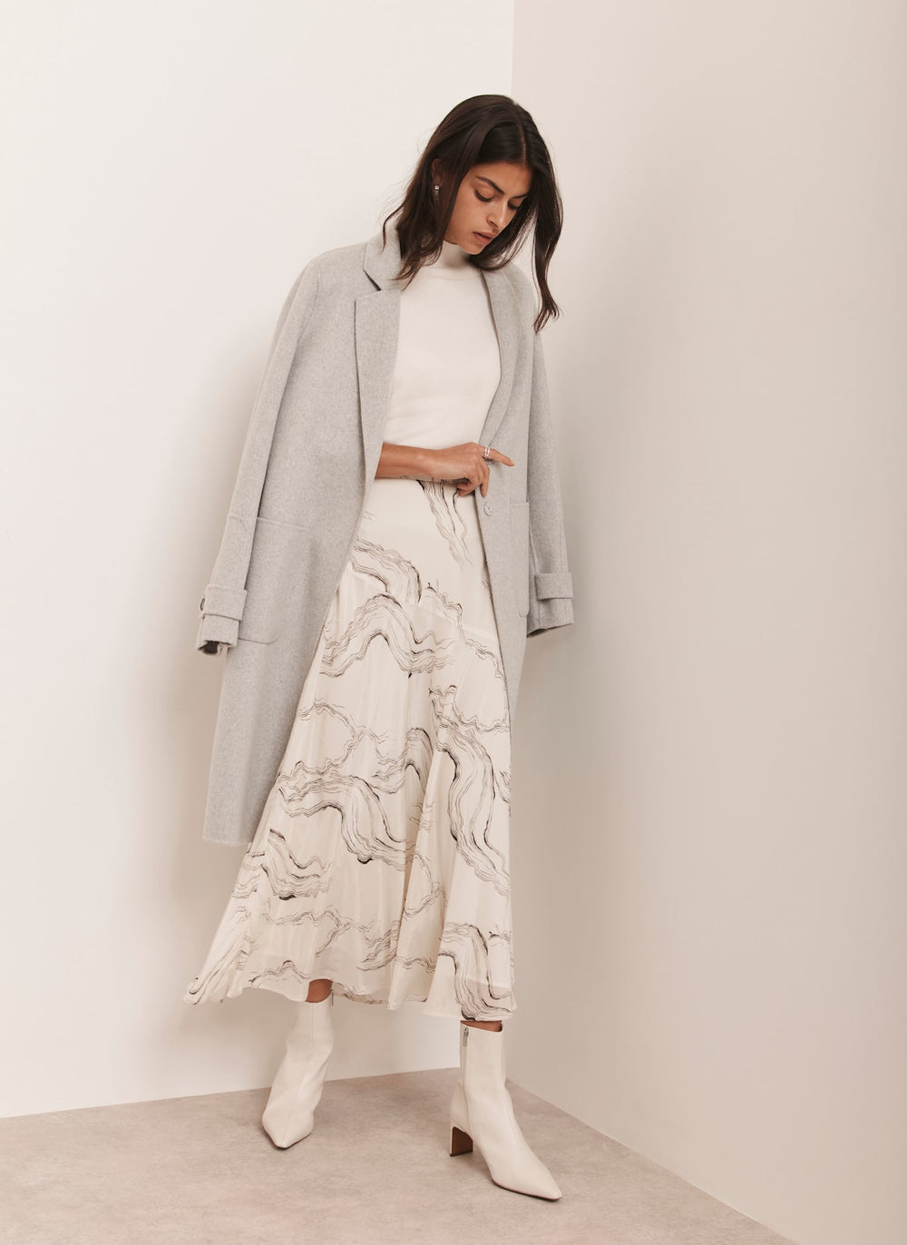 Cream Marble Print Midi Skirt