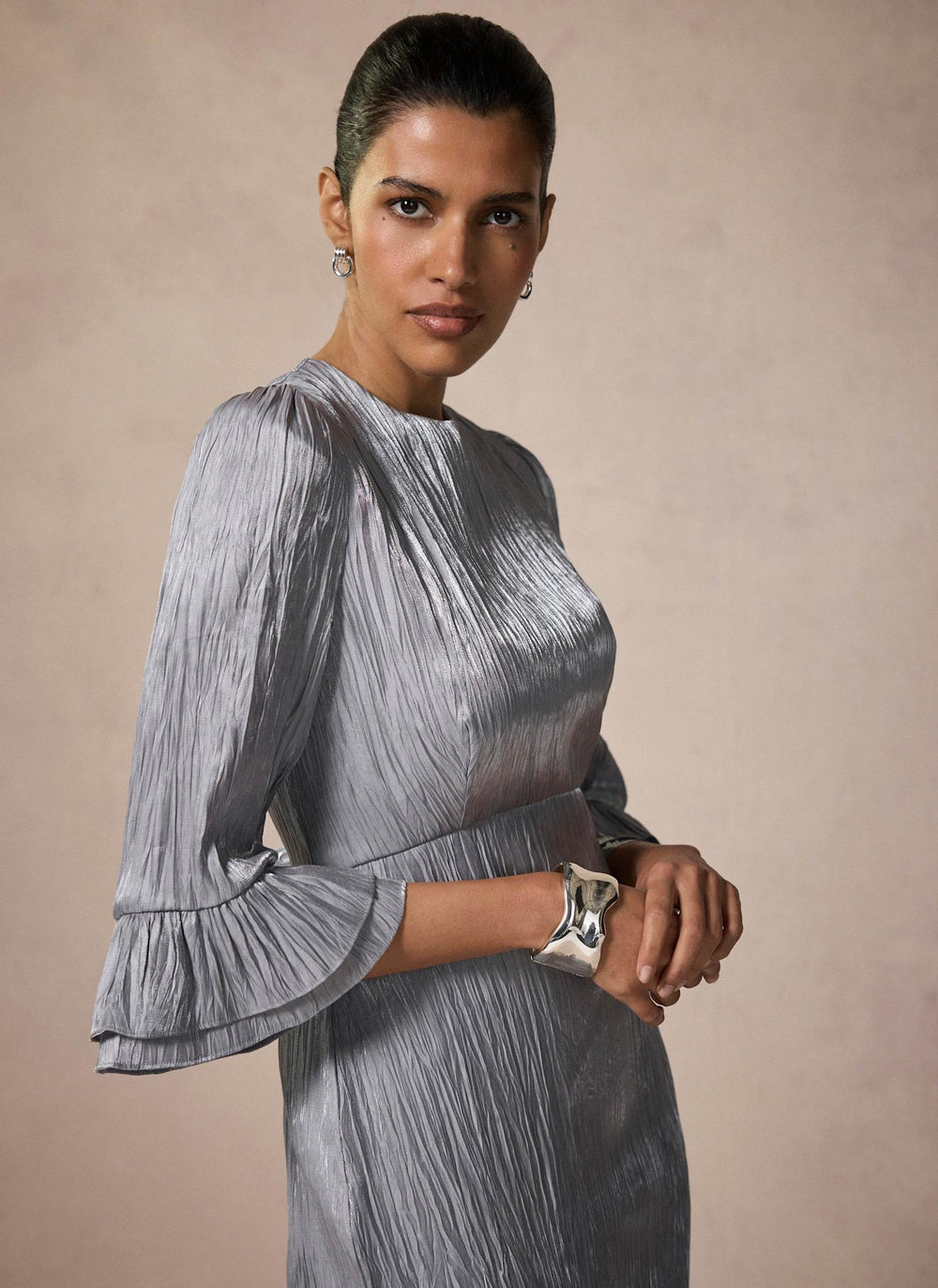 Silver Metallic Ruffle Midi Dress