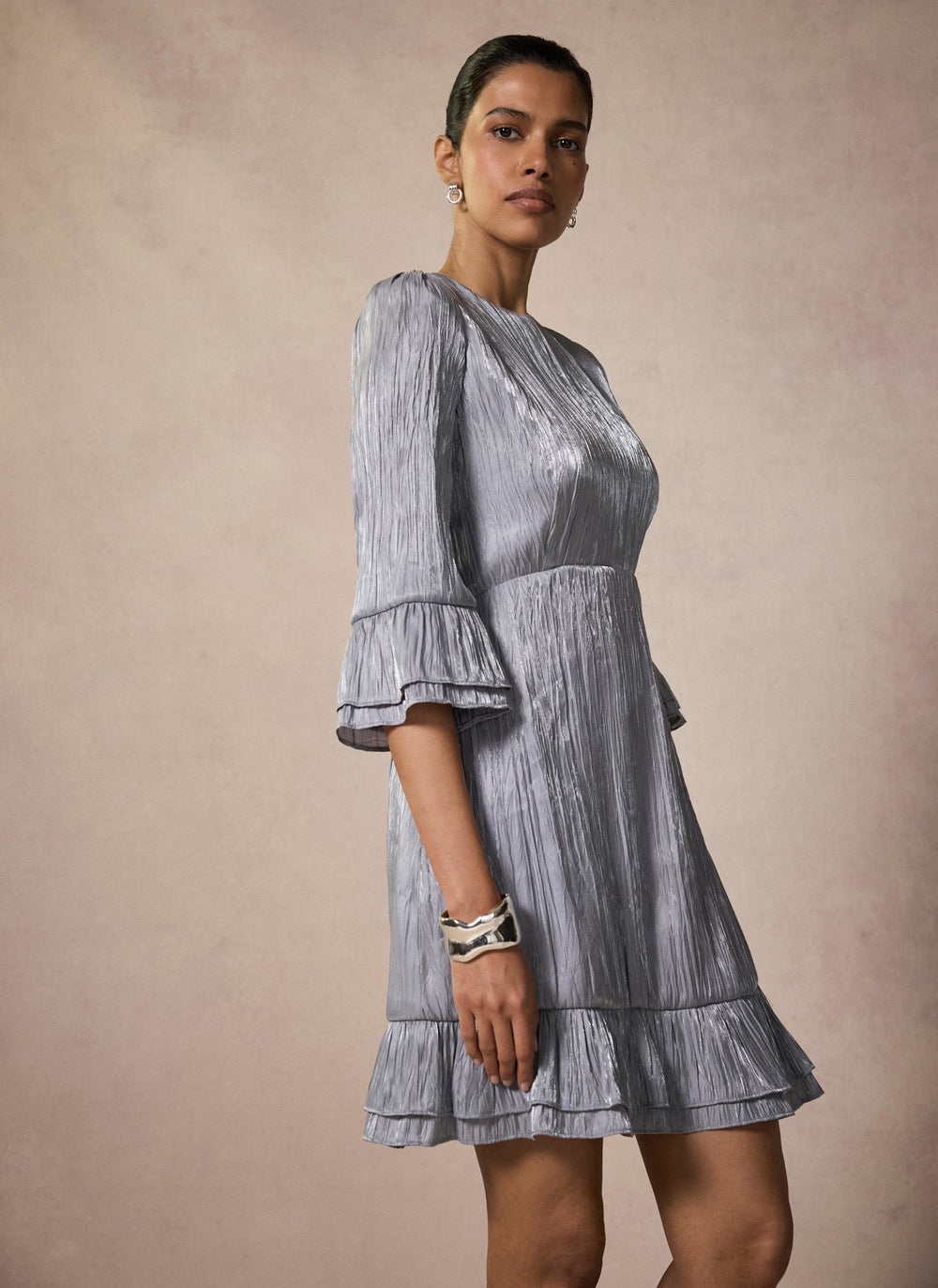 Silver Metallic Ruffle Mini Dress