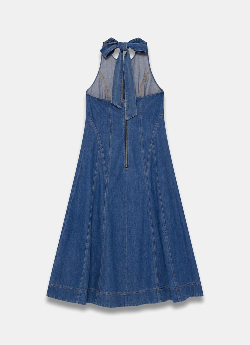 denim halter dress midi Express Women's Denim Halter V-Neck Gold Hardware Midi Dress in Blue Large