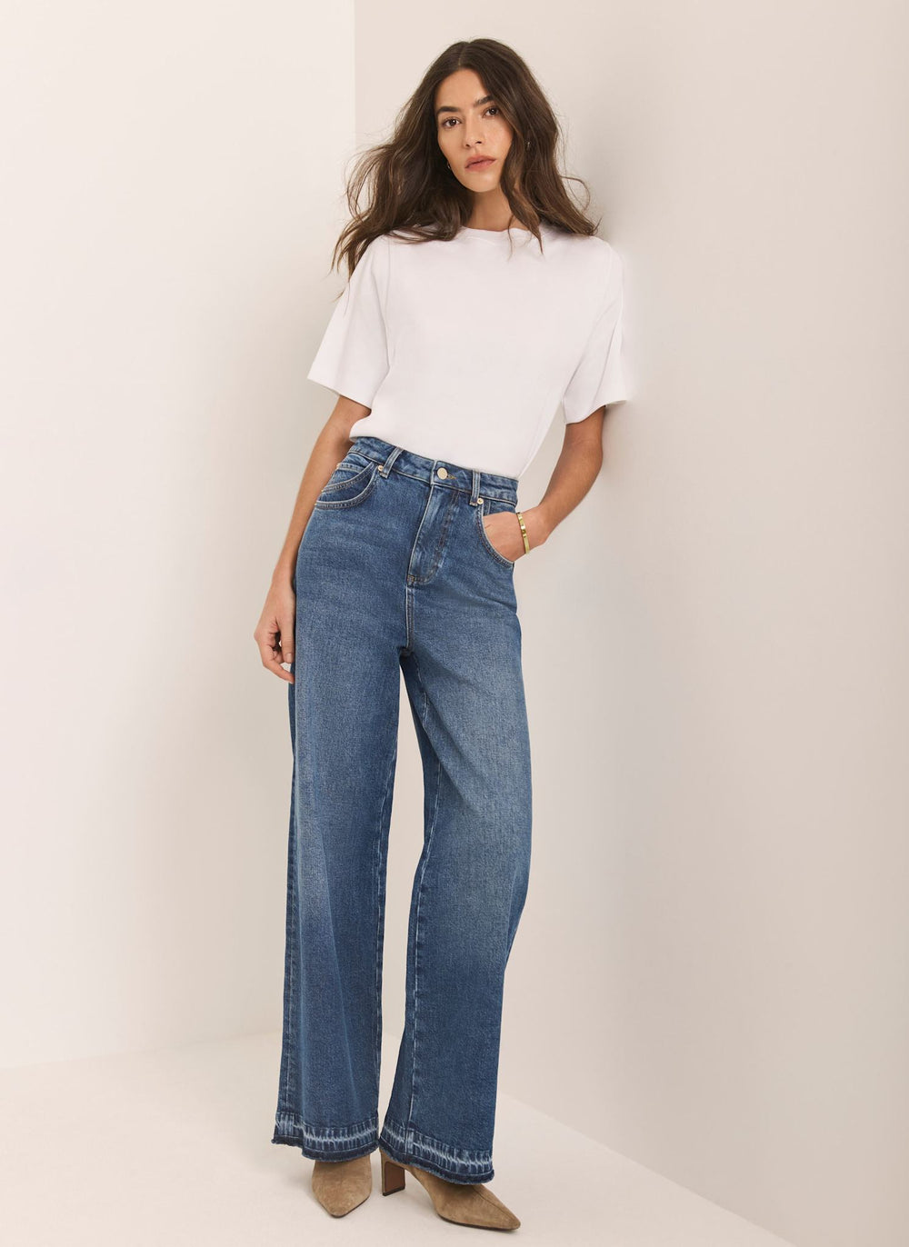 Mid Indigo Hem Detail Wide Leg Jean